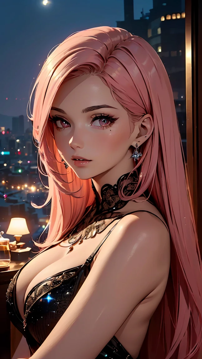 (((Best quality, 8k, Masterpiece: 1.3)), ((best quality)), ((masterpiece)), (detailed), perfect face, perfect body, (detailed skin:1.3), (intricate details), pink hair, messy hair, very long hair, crystal hair, big hair, jewelry, sparkle, sexy dress, Attractive, fascinating, Alluring expression, Night Lounge, Party, evening party