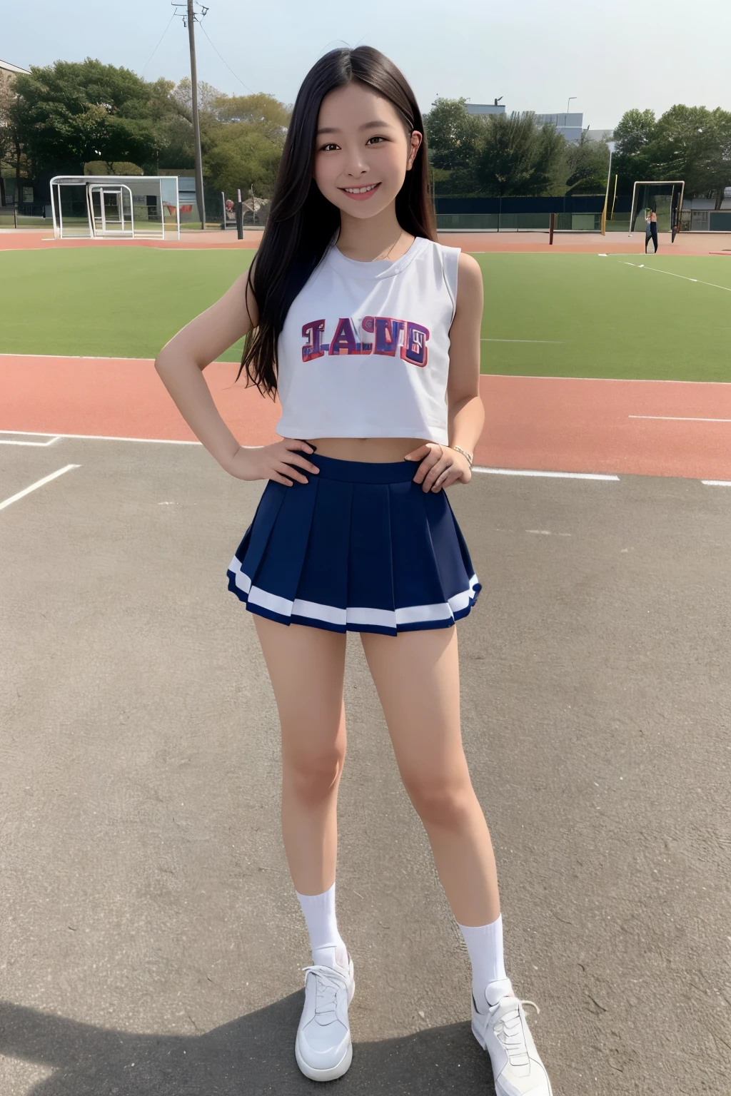 Pure Japanese cheerleader girl, sexual attractive, sweet temptation, outstanding body, beautiful legs, spread wide legs, wearing cheerleader uniform, sneakers, (panty), sweet smile, sitting, refreshing in summer, professional portrait photography, composition from the front, 