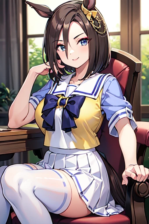 Air Groove、One person、 girl、Horse tail、best quality,large breasts,seductive smile,tracen school uniform, sailor collar, bowtie, purple shirt, sailor shirt, short sleeves, white skirt, white thighhighs,white kneehighs,Narrowed sleeves, long chair,sitting,blue line on the edge of the white skirt,
