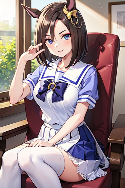 Air Groove、One person、 girl、Horse tail、best quality,large breasts,seductive smile,tracen school uniform, sailor collar, bowtie, purple shirt, sailor shirt, short sleeves, white skirt, white thighhighs,white kneehighs,Narrowed sleeves, long chair,sitting,blue line on the edge of the white skirt,
