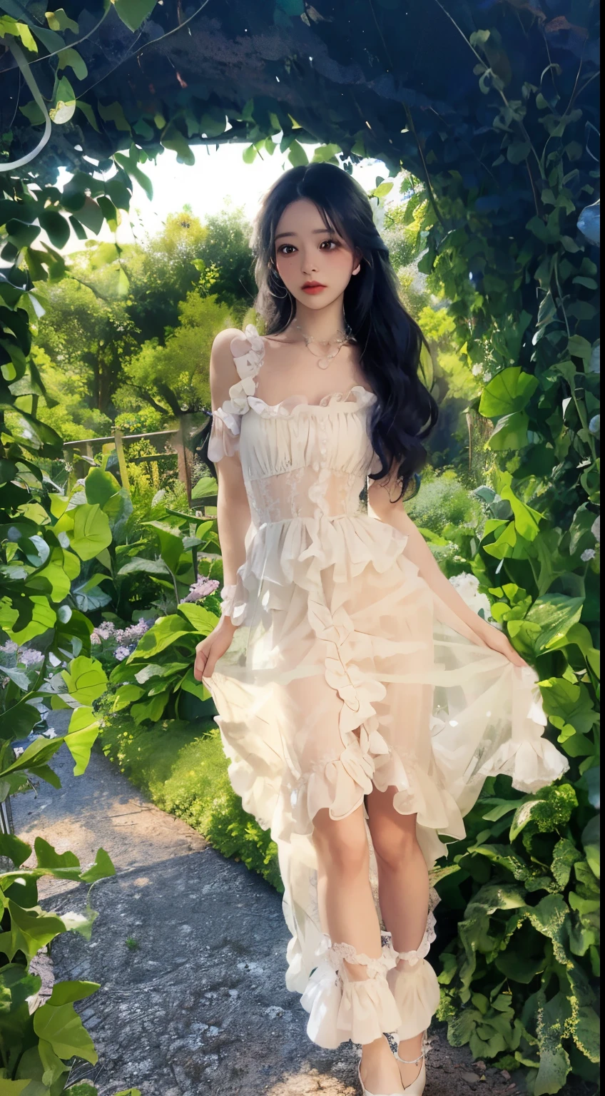 A woman in a dress walks in the garden, Translucent dress, rococo ruffles dress, Ethereal and dreamy, dreamy dress, a stunning young ethereal figure, shaxi, floating dress, Dreamy and ethereal, Very ethereal, fairy core, Ethereal beauty, ruffled and tattered dress, Romantic dress, belle delphine, ethereal fairytale, frilly outfit