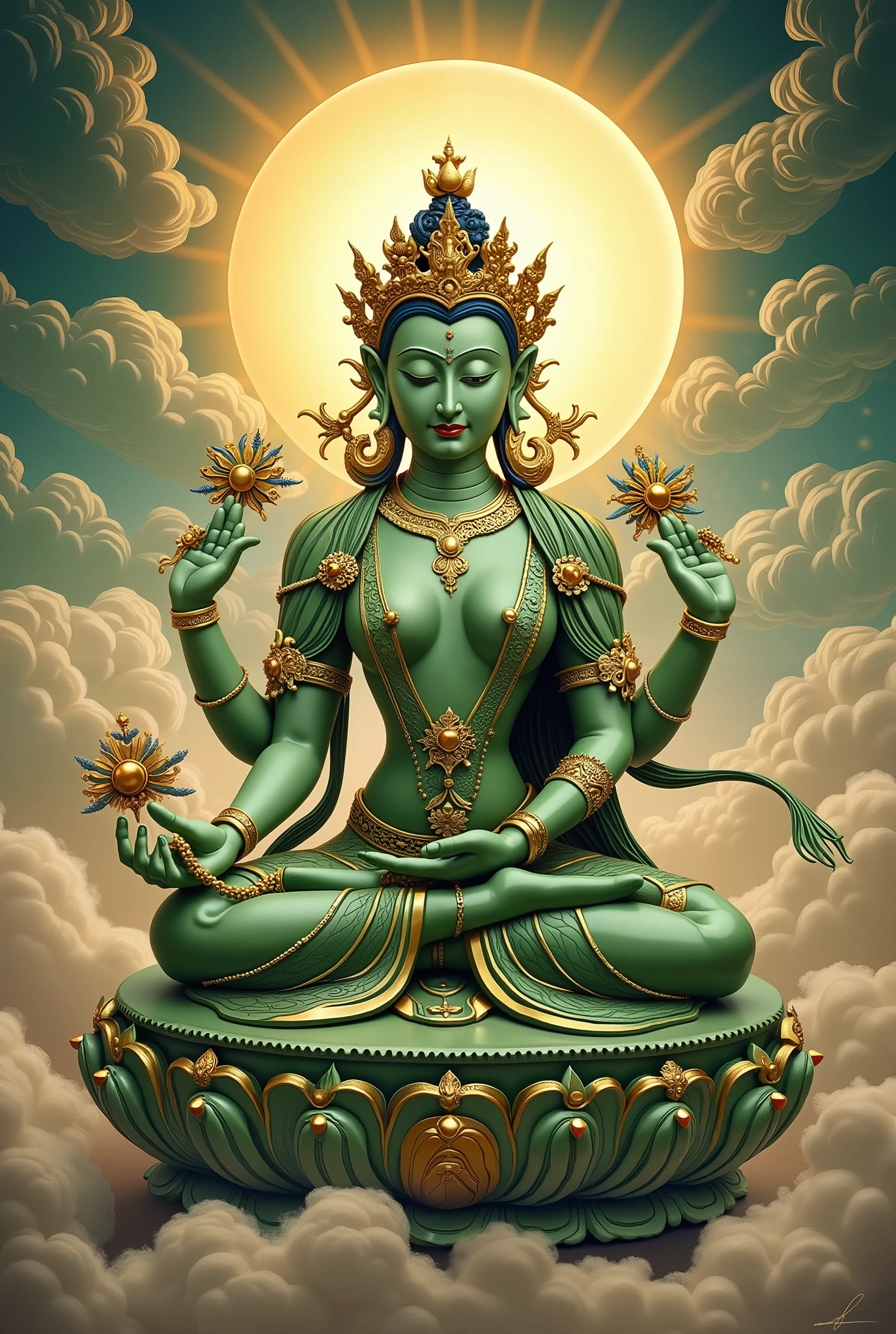 Beautiful woman sitting on a lotus,Beautiful big eyes looking at the camera,Correct hand and foot structure,Red skirt,16 yaers old,Wearing a fancy crown,beautiful countenance,Lotus terrace,with blue sky and white clouds,(primitive:1.2),(realisticlying:1.4),(Sharpness:1.2),(((body high:1.5))),Green skin,(((Gemstones refract dazzling light))),((middlebreast:1)),(Abs:0.7),(glute:1.2),(Healthy green skin, Thin skin, seductiveexpression, 二重まぶた,Jelly textured lips, Glowing lips,Small upturned lips,There is an eye in the middle of the forehead,(No clothes),Shiny skin,Green skin texture,Real pores,ctextured skin,choker necklace,Yingluo,(Wear gemstones,pearls,hisui,amber,),((Gorgeous and exquisite crown,gemstone setting)),(Dynamic hair,Hair hanging down the shoulders,Beaded hairpins,Nobile,),Glossy glossy skin,greenish skin,Radiant hair,eyes looking at the lens,The sky behind your head is illuminated by a circle of light,Aperture behind you,The background is blue sky and white clouds, High quality detailing, Cinematic lighting,,absurderes, unbelievable Ridiculous, hugefilesize, ultra - detailed, A high resolution, The is very detailed,best qualtiy,tmasterpiece,illustratio,The is very detailed,CG,unified,8k 壁纸,Amazing Cleavage,finely detailled,tmasterpiece,(((dynamicposes))),(((A fighting stance))), ((Correct anatomy)),(((Correct dissection))