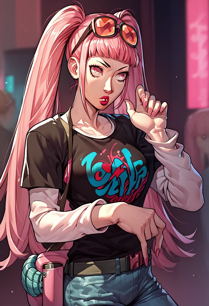 1girl, sunglasses on head, lipstick, black t-shirt, clothes writing, layered sleeves, large breasts, jeans, Hilda Valentine Goneril, pink hair, pink eyes, twintails