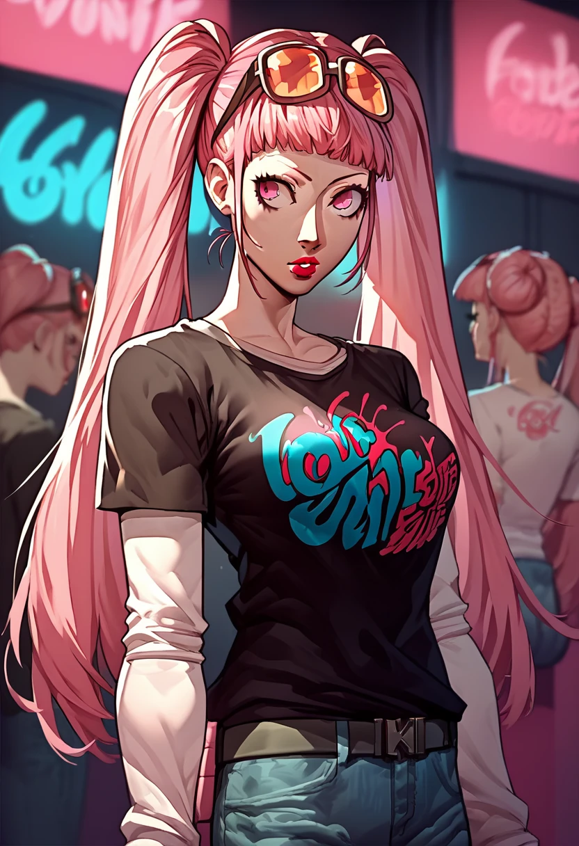 1girl, sunglasses on head, lipstick, black t-shirt, clothes writing, layered sleeves, large breasts, jeans, Hilda Valentine Goneril, pink hair, pink eyes, twintails