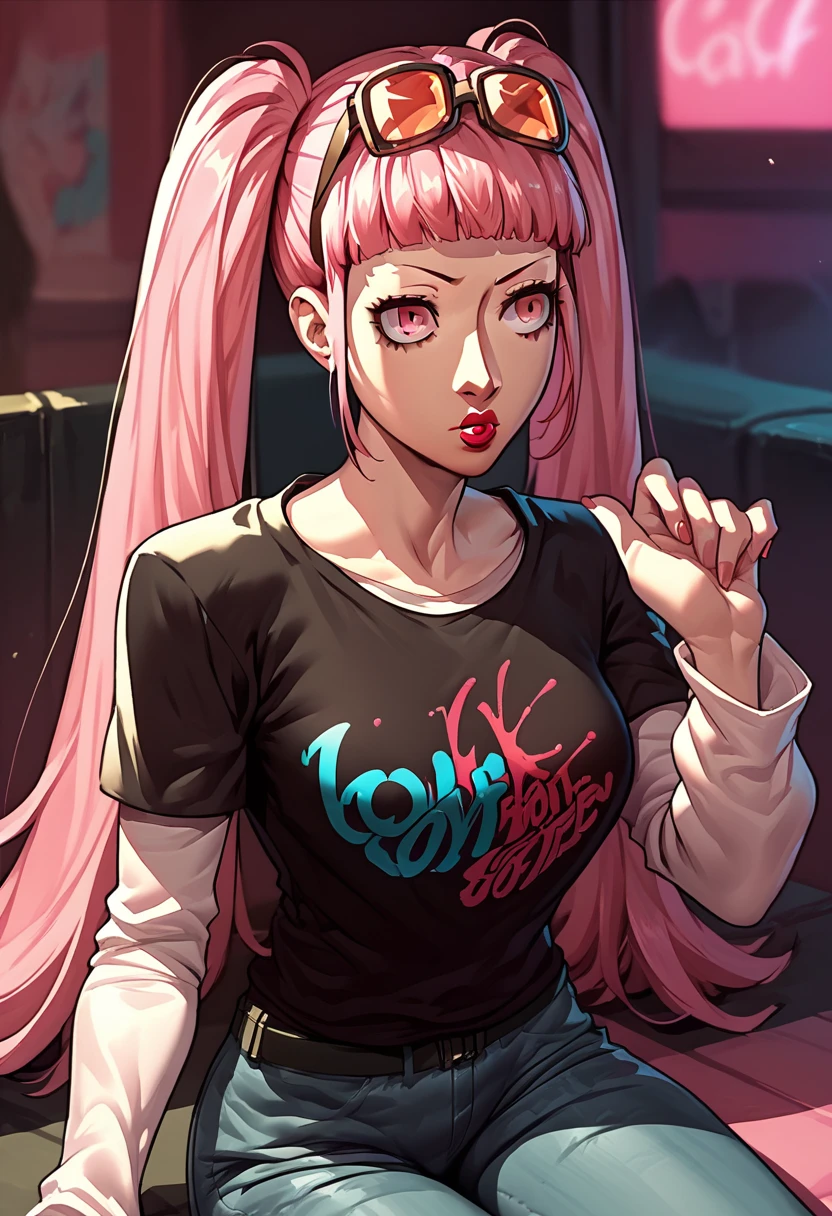 1girl, sunglasses on head, lipstick, black t-shirt, clothes writing, layered sleeves, large breasts, jeans, Hilda Valentine Goneril, pink hair, pink eyes, twintails