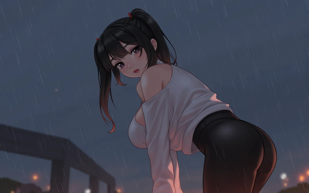 1girls,solo,super detailed skin,shiny skin,wet oily skin,natural face, deep detailed eyes,eyelashes,lips gloss,open mouth,black hair,long hair,crossed bangs,large breasts,(abs:0.5),sitting,knee up,arm on knee,wide shot,moon,masterpiece,best quality,ultra detailed,high resolution,sharp focus,depth of field