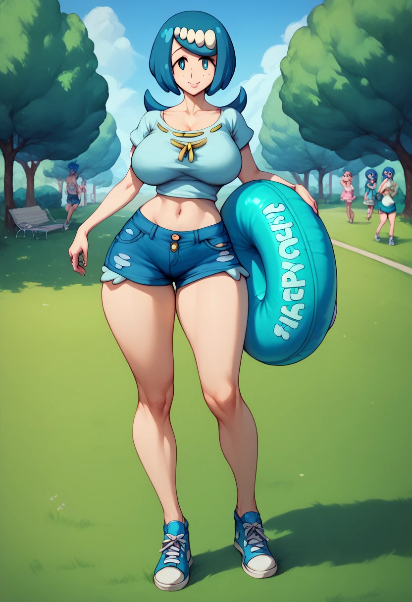 Pokemon Lana mom, straight blue hair, detail blue eyes, innocent face, round eyes, huge breast, thick thigh, hourglass figure, green erotic tube top, erotic ultra mini denim hotpants,  sneakers, stocking, stylish, park, clear view,navel