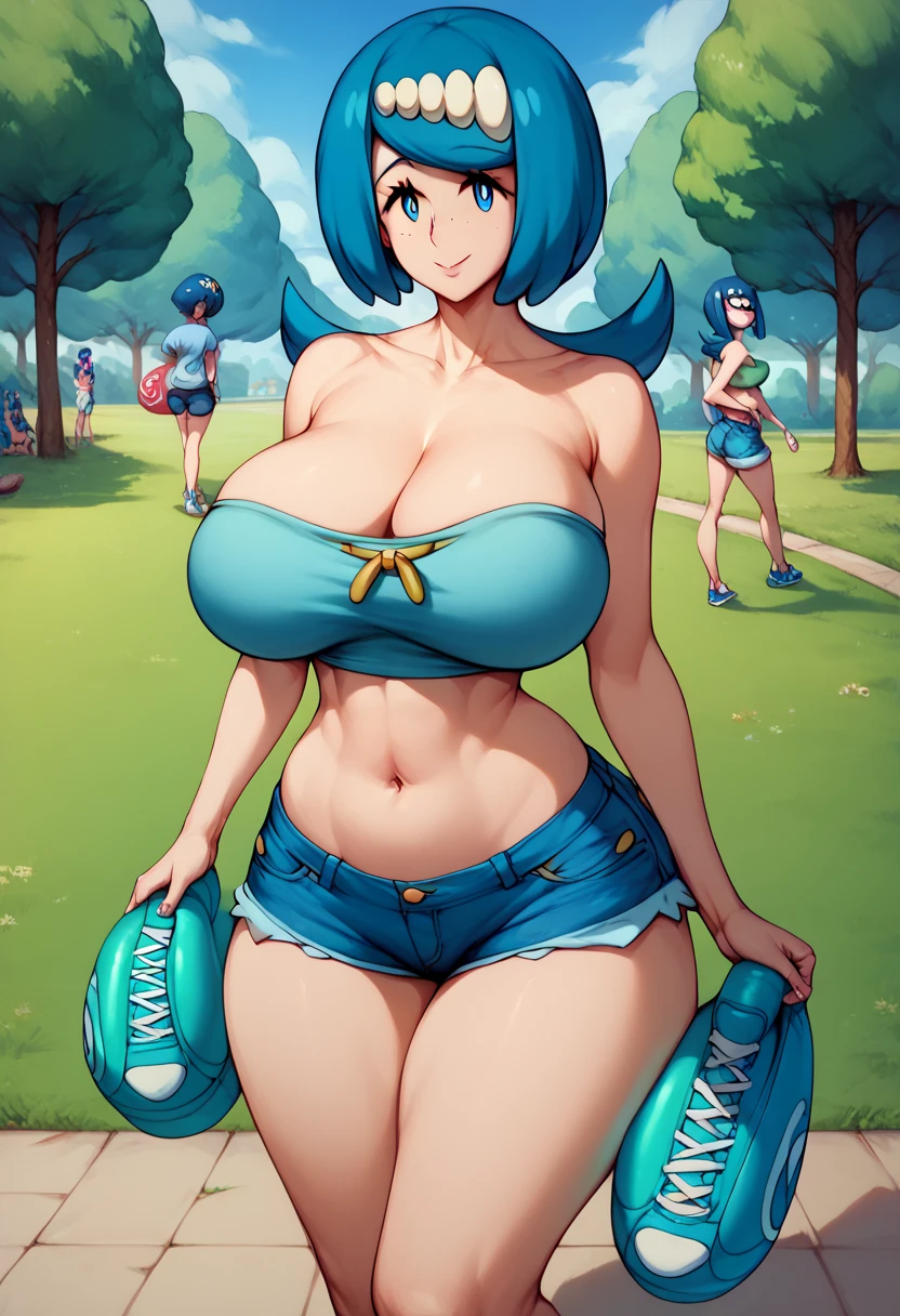 Pokemon Lana mom, straight blue hair, detail blue eyes, innocent face, round eyes, huge breast, thick thigh, hourglass figure, green erotic tube top, erotic ultra mini denim hotpants,  sneakers, stocking, stylish, park, clear view,navel