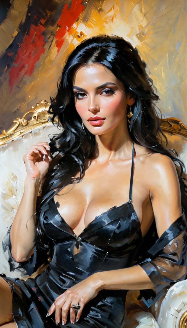 style by Mikhail Garmash, depicting a woman with long black hair, a commanding look, sitting on a sofa, clear cheekbones, a swirling smoky enigma, portrait as a queen, arms crossed on her chest, inspiration from William Burr, oil painting