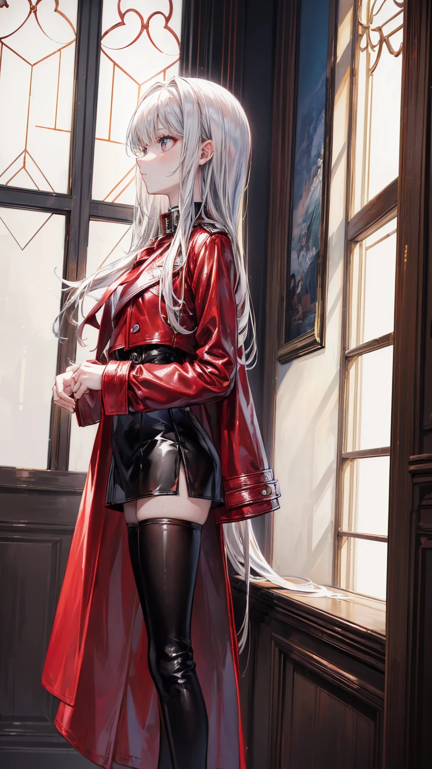 (masterpiece), (best quality), Very detailed,European style,a mature woman,long white hair,red pupils,(black leather boots),black long gloves,black stockings,solemnly,elegant,Western-style dress,delicate face