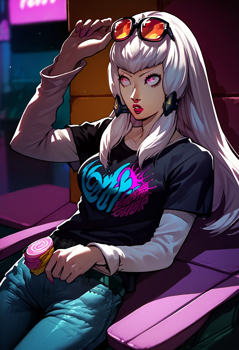 1girl, sunglasses on head, lipstick, black t-shirt, clothes writing, layered sleeves, large breasts, jeans, Lysithea Von Ordelia, white hair, pink eyes,