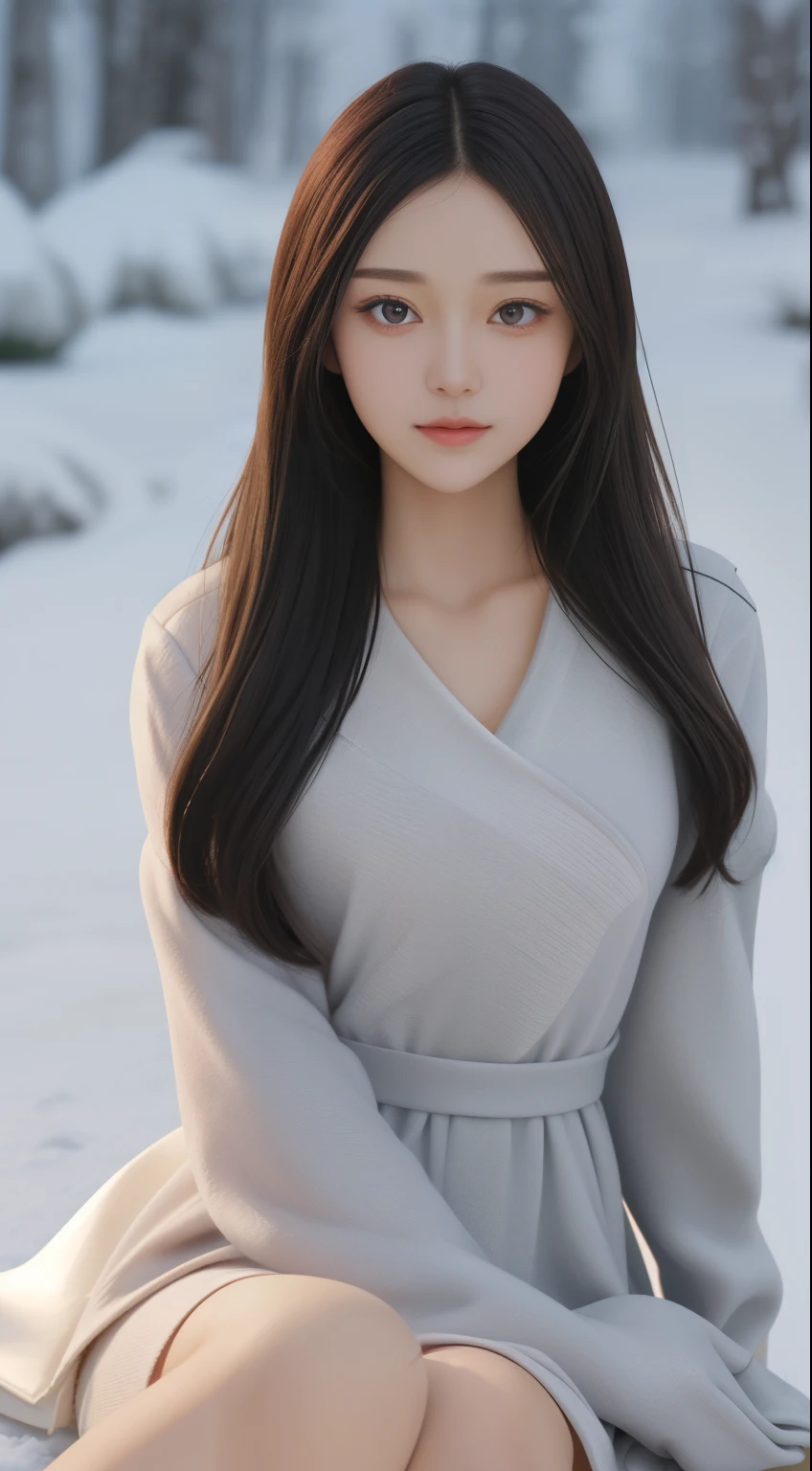 Focus:1.2, perfect figure beautiful woman:1.4,,Best face quality, Ultra-high facial detail,Ultra-high pupil detail,slimfigure,Smaller bust,at winter season,scarf,outside,Sit Pose,Hair is slightly curled,
