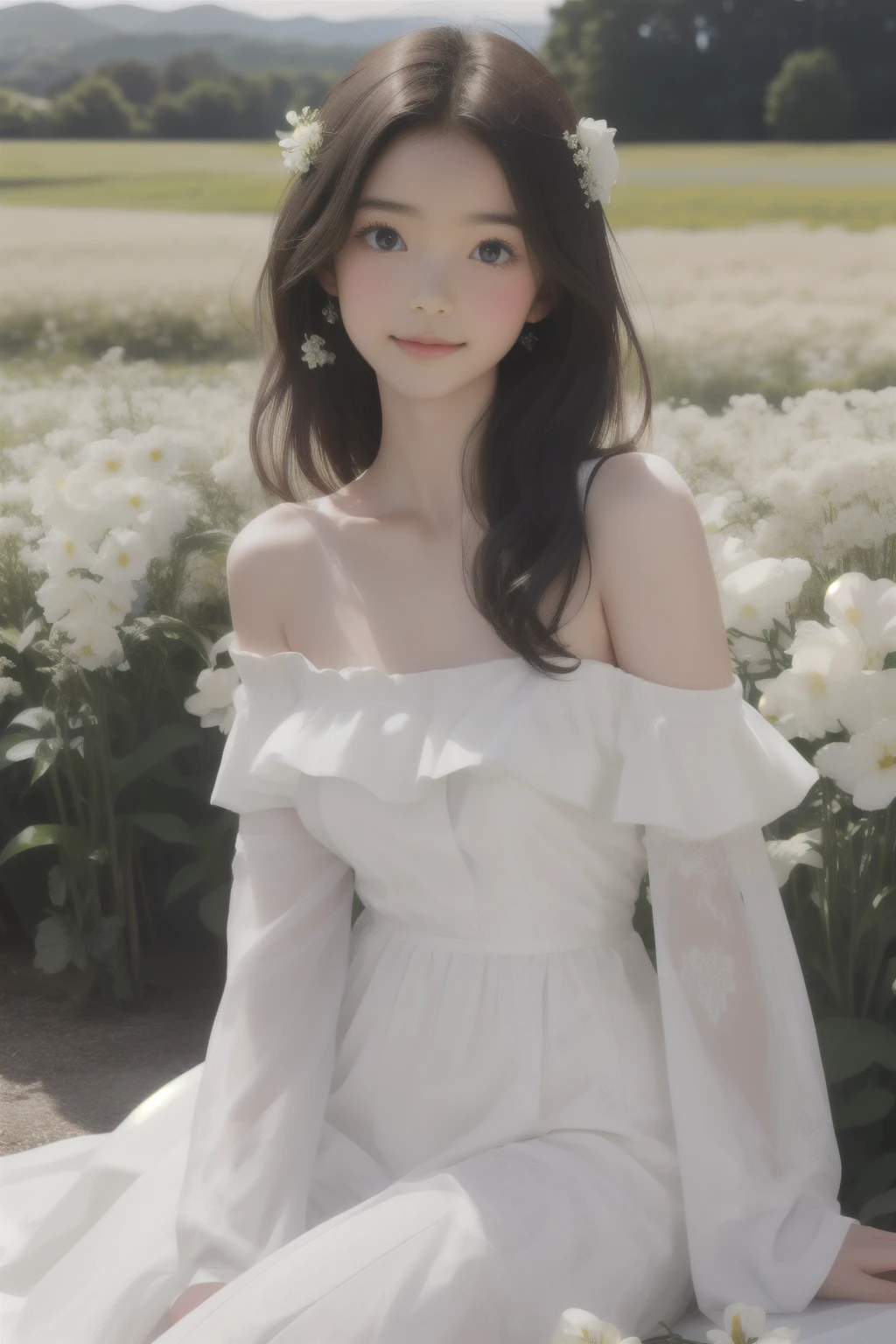 best quality, masterpiece, ultra high resolution, (realistic:1.4), RAW photos, 1 woman, white dress, off shoulder, flower field in full bloom, glowing skin, light smile