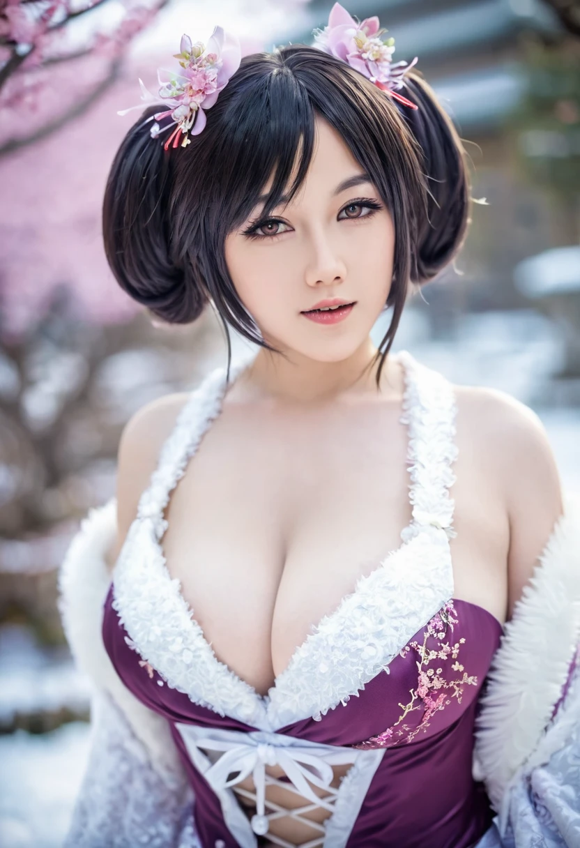 a close up of a woman in a dress posing for a picture, japanese goddess, anime girl cosplay, seductive anime girl, elegant glamourous cosplay, sophisticated gravure idol, anime goddess, enjoyable, sexy dress, opened dress, full dress, full covered dress, open v chest clothes, pleasing, japanese, intriguing outfit, japanese model, bokeh background, winter