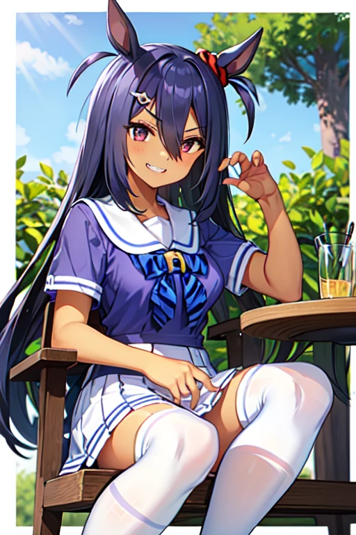 Hishi Amazon、One person、 girl、best quality,  smug,grin,tracen school uniform, sailor collar, bowtie, purple shirt, sailor shirt, short sleeves, white skirt, white thighhighs,white kneehighs,Narrowed sleeves, long chair,sitting,blue line on the edge of the white skirt,
