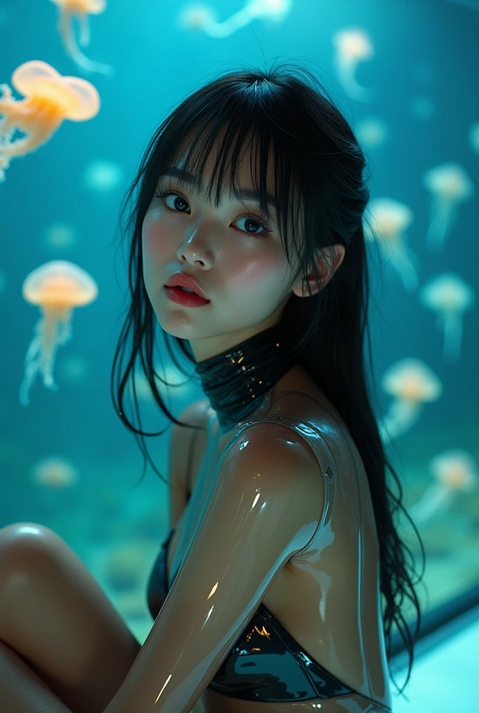28 years old portrait of a( young girl:1.1) in full growth (hanlf naked:1.1). the (wet dress is soft blue:1.1). in a nautical style.behind the neon jellyfish. they glow brightly it is under water