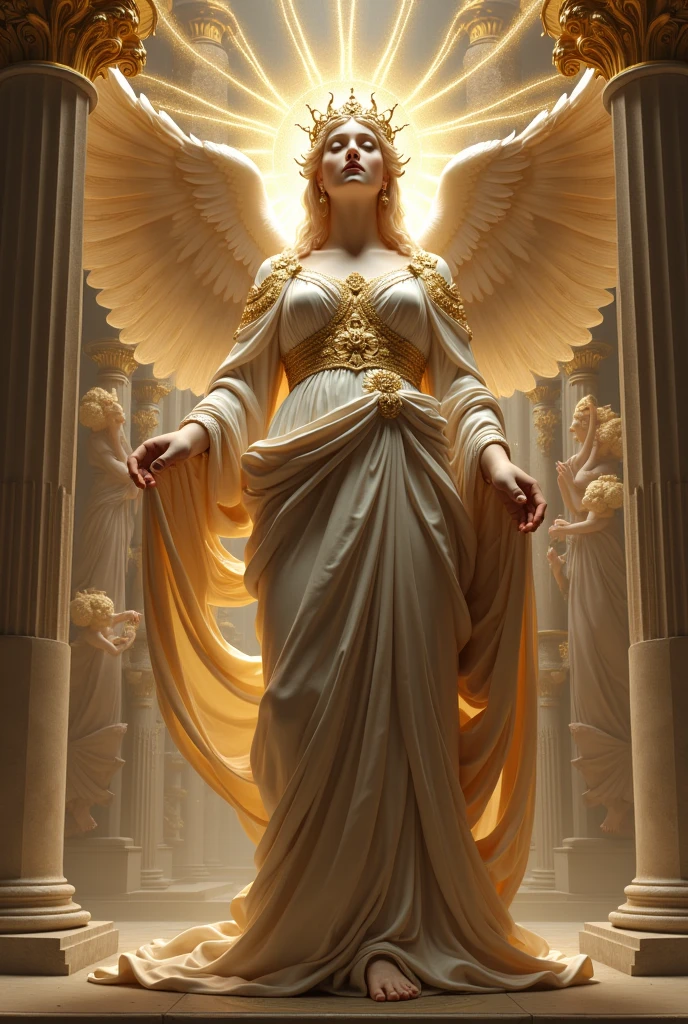 a female goddess as a digital art reinterpretation of the Winged Victory of Samothrace, ancient greek sculpture, detailed intricate wings, flowing robes, graceful pose, dramatic lighting, vibrant colors, cinematic composition, digital painting, 8k, hyper detailed, photorealistic, masterpiece
