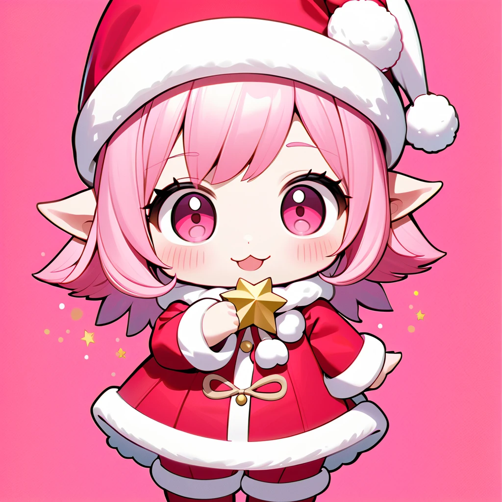 a cute pink-haired christmas fairy in santa outfit, deformed style, brings happiness, sparkling, winter