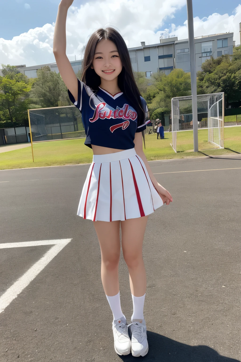 Pure young Japanese cheerleader girl, wearing cheerleader uniforms, sneakers, natural makeup, natural ponytail, sweet smile, sexual attractive, sitting and relaxing, lift up skirt, professional portrait photography, dazzling summer sunlight,