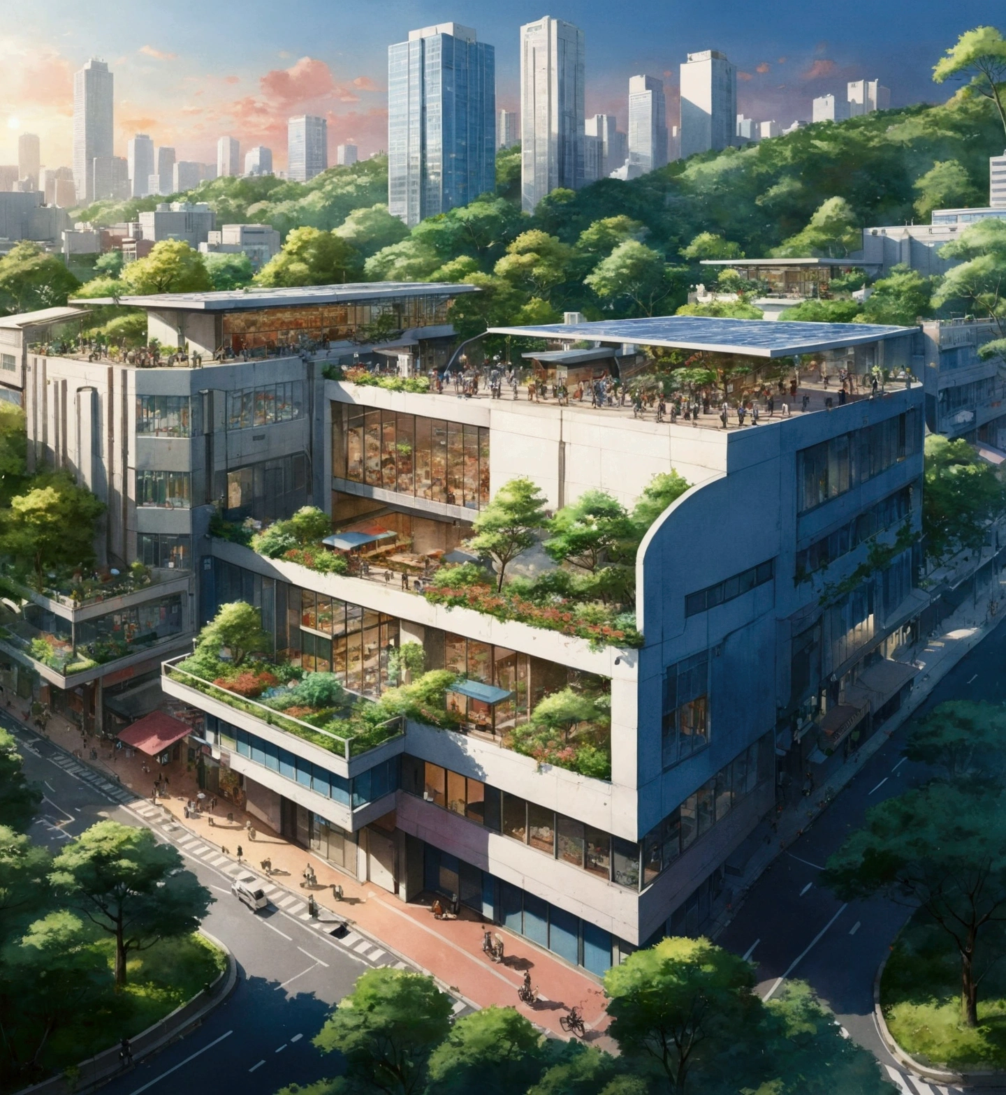 anime city with a lot of buildings and trees on the top, by Jang Seung-eop, by Ni Yuanlu, anime scenery concept art, realistic painting of a complex, by jeonseok lee, hq very detailed, detailed 4k concept art, artstation hq”, japanese high school, tokyo anime scene, concept art highly detailed, urban concept art, watercolor, illustration,