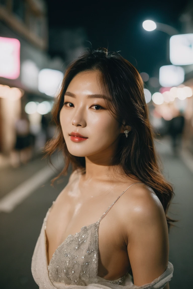 Close up photography of a beautiful korean idol , shot on Sony a7 35mm film,on a nocturnal night on the streets of korea, skin ooresz skin textures, dreamy atmosphere 