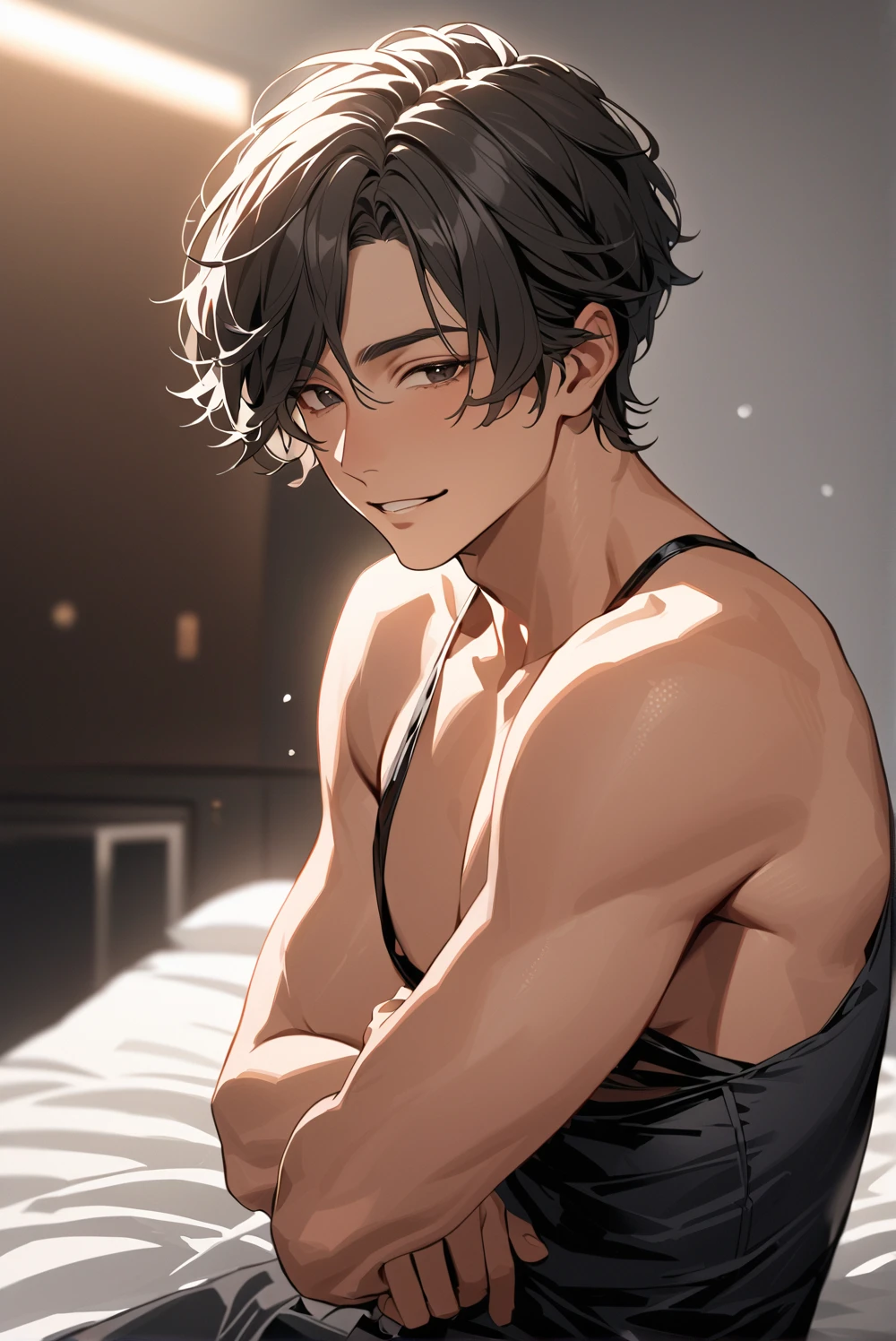 Highest quality、Realistic、male、zoom、Orange eyes、short black hair、Shiny swimwear、thin、Dark Skin、Inappropriate smile、Bedroom、Bust Shot、
