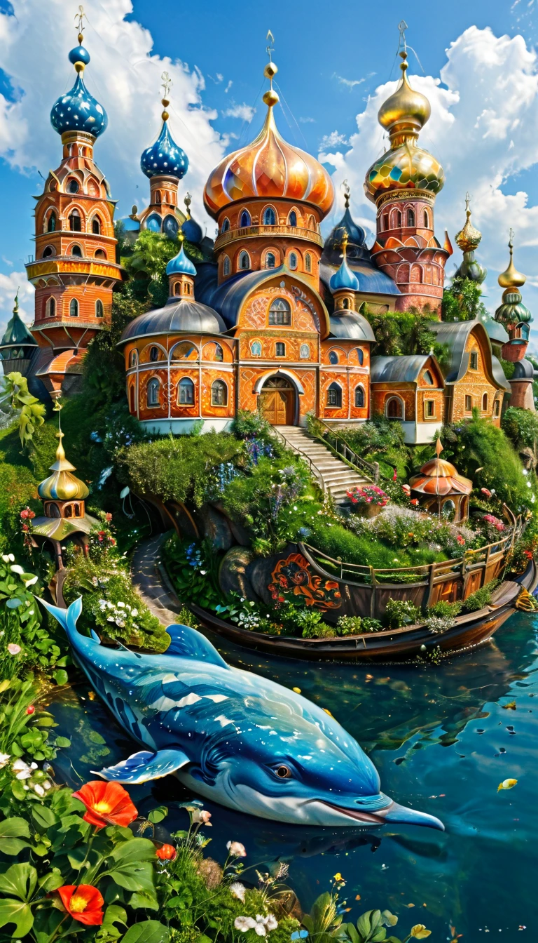 The miracle yudo is a whale fish, there is a hail on its back, with towers and domes, with wonderful gardens, strange animals, birds of paradise, flying ships @zhanna-art, hyperrealism, ultradetalization, drawing every detail with ink, multi-layered mixed media, digital art painting, bright, flowers, herbs, houses Russian Russian style, painted in patterns, with decorated shutters, clothes in Russian folk style, women's kokoshnik,voluminous,clear, Mysterious