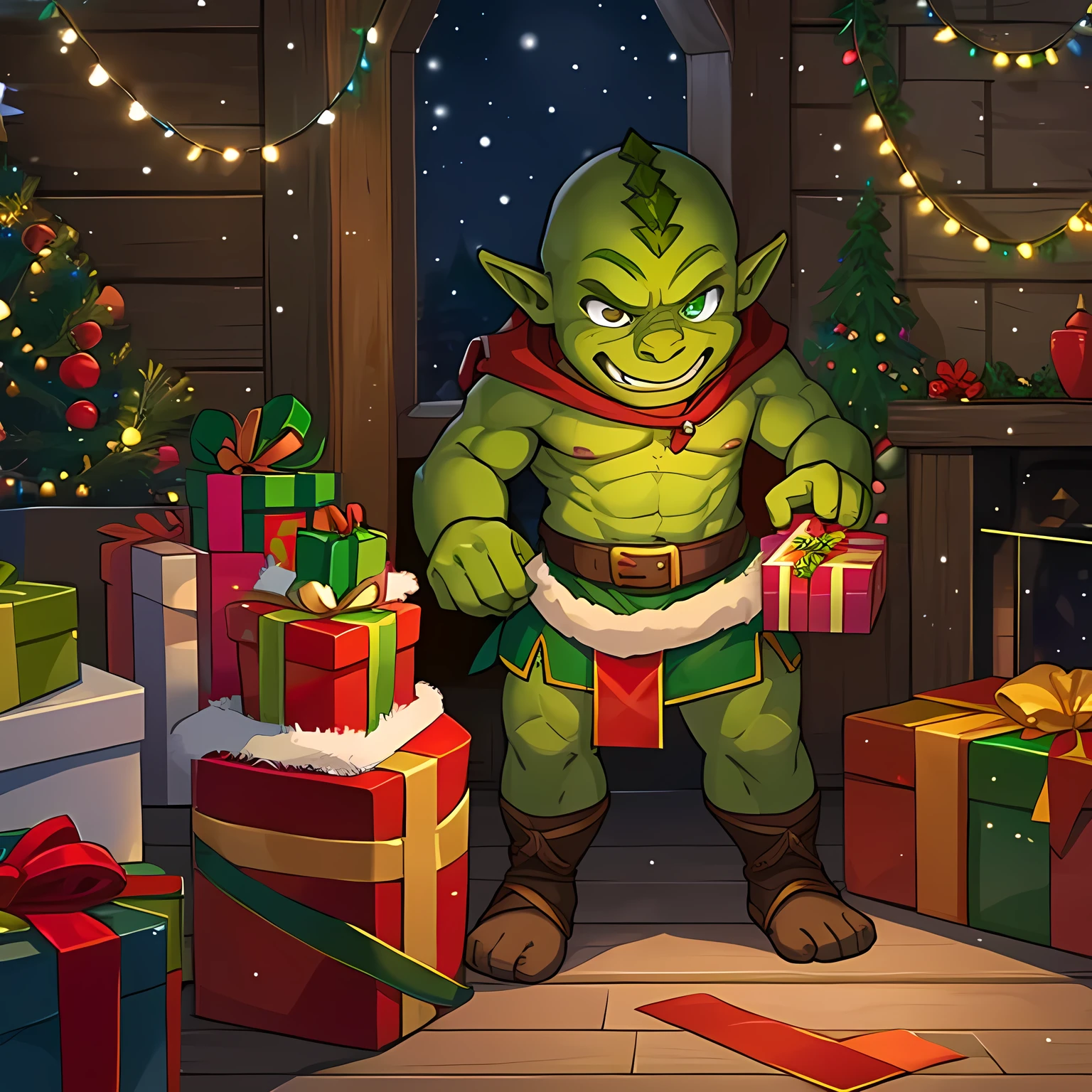   full body, green-skinned orc , christmas elf costume,  Gift Wrapping , Workshop Background ,  Bright Atmosphere ,  Christmas Light Decorations, Humorous elements