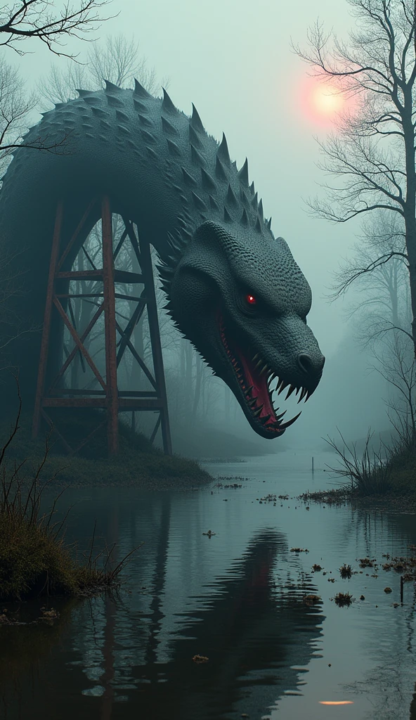Create a giant gelatinous monster with a long tail and big teeth and with hair in its red eyes that chases a through a park that rains blood and there is a lot of fog.