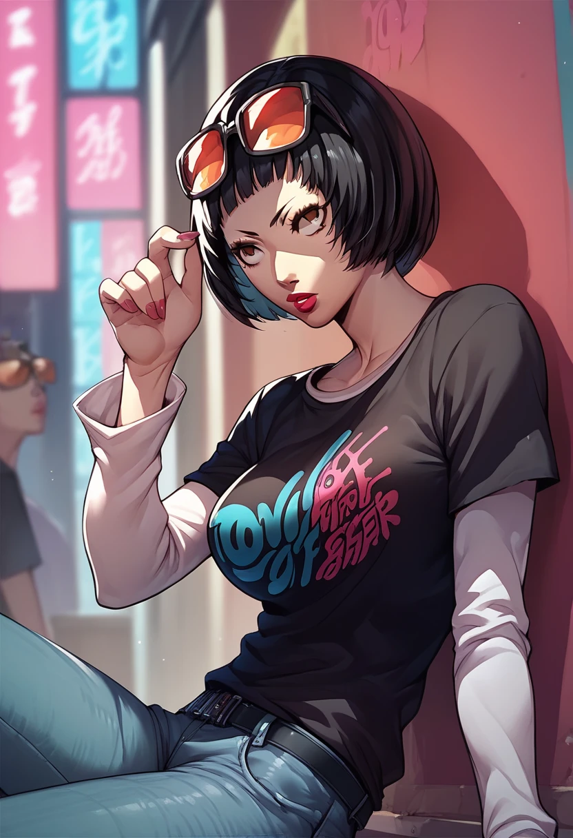 1girl, Ichiko Ohya, sunglasses on head, lipstick, black t-shirt, clothes writing, layered sleeves, large breasts, jeans, bob cut