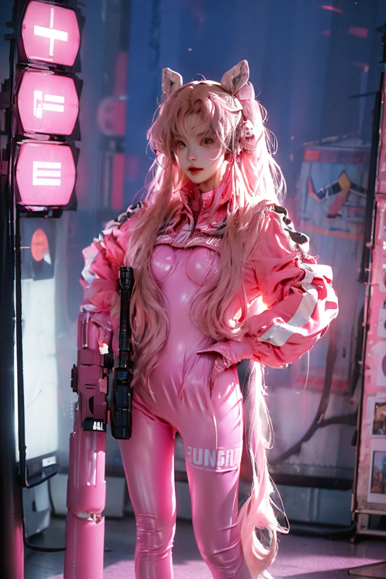  top quality, masterpiece,  realistic, 1 woman, Alone, Full body,  standing ,  watching viewers , alice  Cosplay  costume,  Cosplay ,  pink hair up,  cropped jacket ,  Animal Ear Headphones , bodysuit,  perfect for the body , socks, distance,  cyberpunk, Neon lights, night,  People ,  science fiction , 