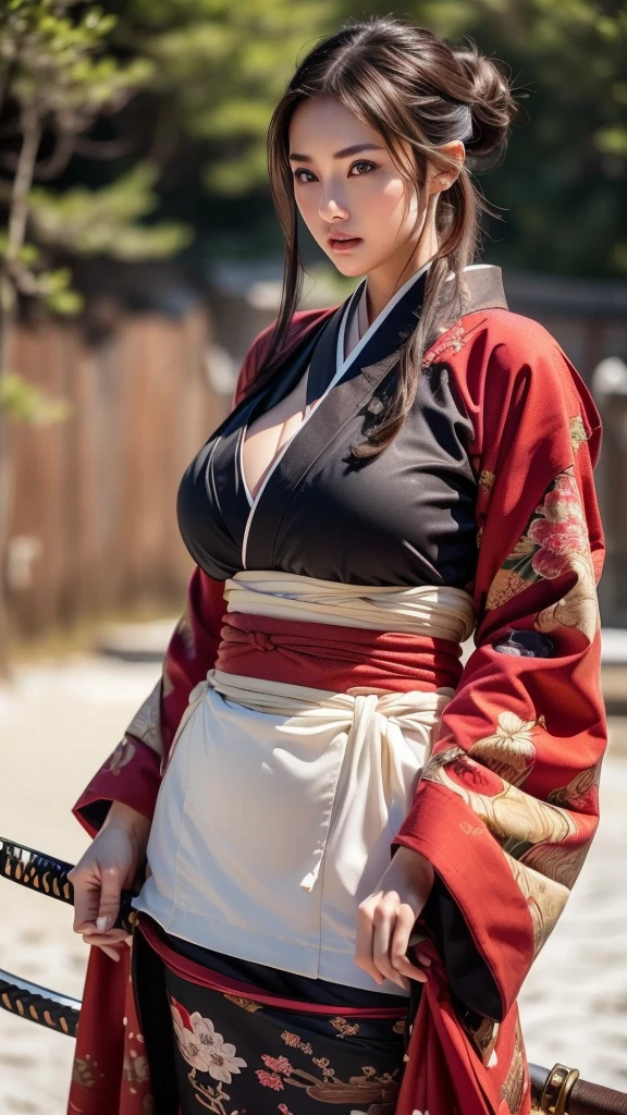 ((1 female)), ((16k)),  mature woman, ((( slim waist )))、(((Beautiful Japanese Model))),(((Maid)))、  braids 、((( plump )))、((obesity))、((Elegant Armor)), 30-year-old woman,((( Japanese Kimono)))、(((Long-sleeved kimono)))、 colorful kimono、 red and white kimono 、((( long hair on background)))、(((Blonde)))、 blondes、(( RAW photos )), ((masterpiece)),  upper body，(((Big Breasts)))、 ((( super huge boobs))), (( tight waist ))、(((Woman holding a sword)))、(( Japanese swordsman))、 let go of her lips， makes lips look more attractive and gorgeous， complex details, A complex Greebles piece, masterpiece， BEST QUALITY AT ITS BEST， high definition ，8k，((Portraiture))，( upper body)， original photos， actual photo ， Digital Photo , Fine eyes and lips、(Beautiful big pointy breasts, )((masterpiece)),  high definition , ( skin texture:1.1),  top quality, 超 high definition , ( realistic : 1.4),  RAW photos ,(( perfect face))、(((Intricately patterned armor)))， Rendering Reflection Texture,  sexy style, ((Outdoor))、 (((Winter Background:1.2))),((background snowy landscape ))、(((background Japanese New Year)))、 Bold Poses、 (Ancient fantasy soldiers),(Ancient soldier armor), combat accessories ,(( eyeshadow))、 detailed hands 、Woman facing forward