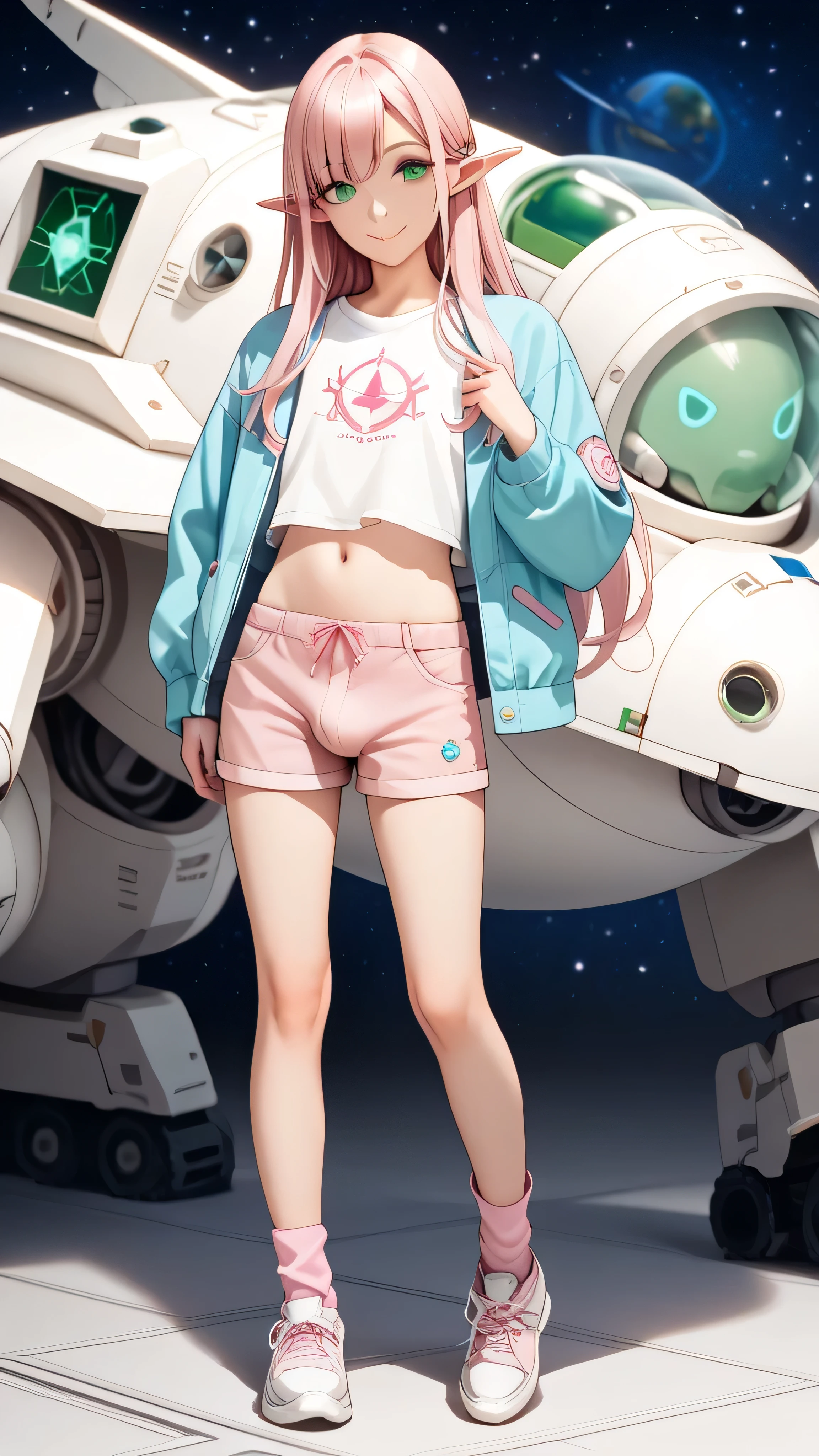 (((best quality))), (((masterpiece))), anime, space station(((a white green mech))), elf, 1 boy, otoko no ko, 23years old, light_pink_longhair, turquoise_eyes, crossdressing, girly, casual jacket, t-shirt, short pants, focus navel, bulge, pink kneehighs, sneakers, space style wear, looking at viewer, non censored, light smile, matured, fullbody