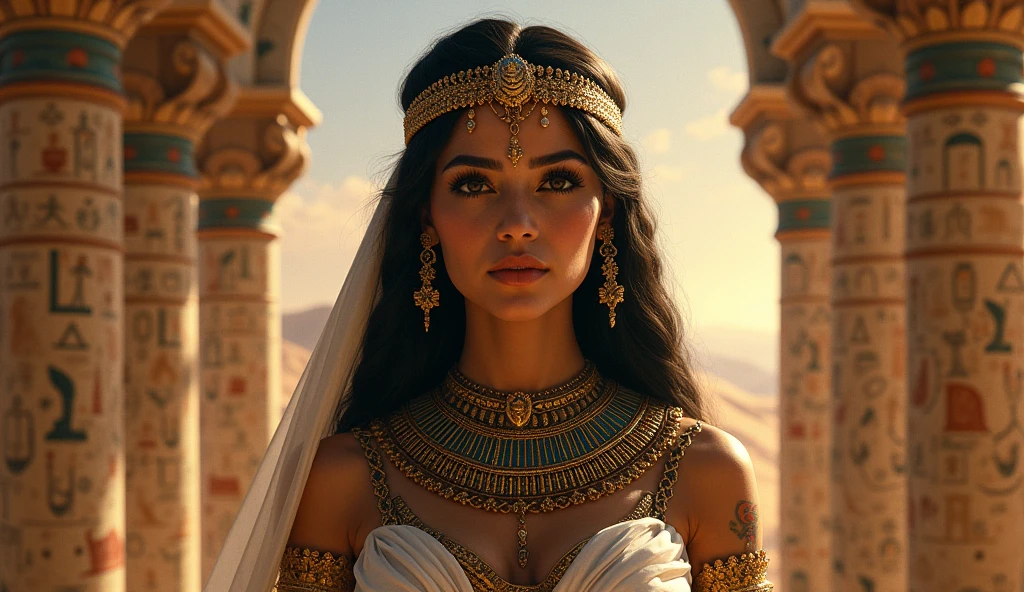 Hyper-realistic atonalism style, gouache, ink wash, opaque colors and low key lighting, beautiful woman of Egyptian in thin white robe, subtle details, colorful and gold ancient Egypt jewelry ,beautiful breast, chest press together, medium long shot ,elegance pose, splash ink, ancient Egypt sandstone temple background, matte painting, Unreal Engine 5.