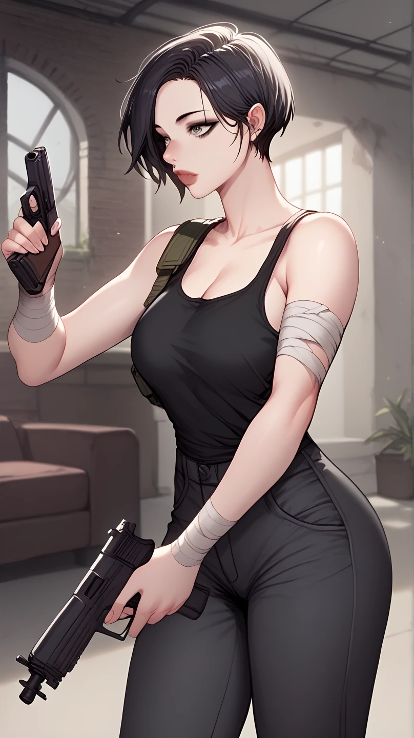 A female zombie killer, holding a gun, wearing a black tank top and black cargo pants, inside the abandoned building, black short hair, beautiful. Bandage on arm