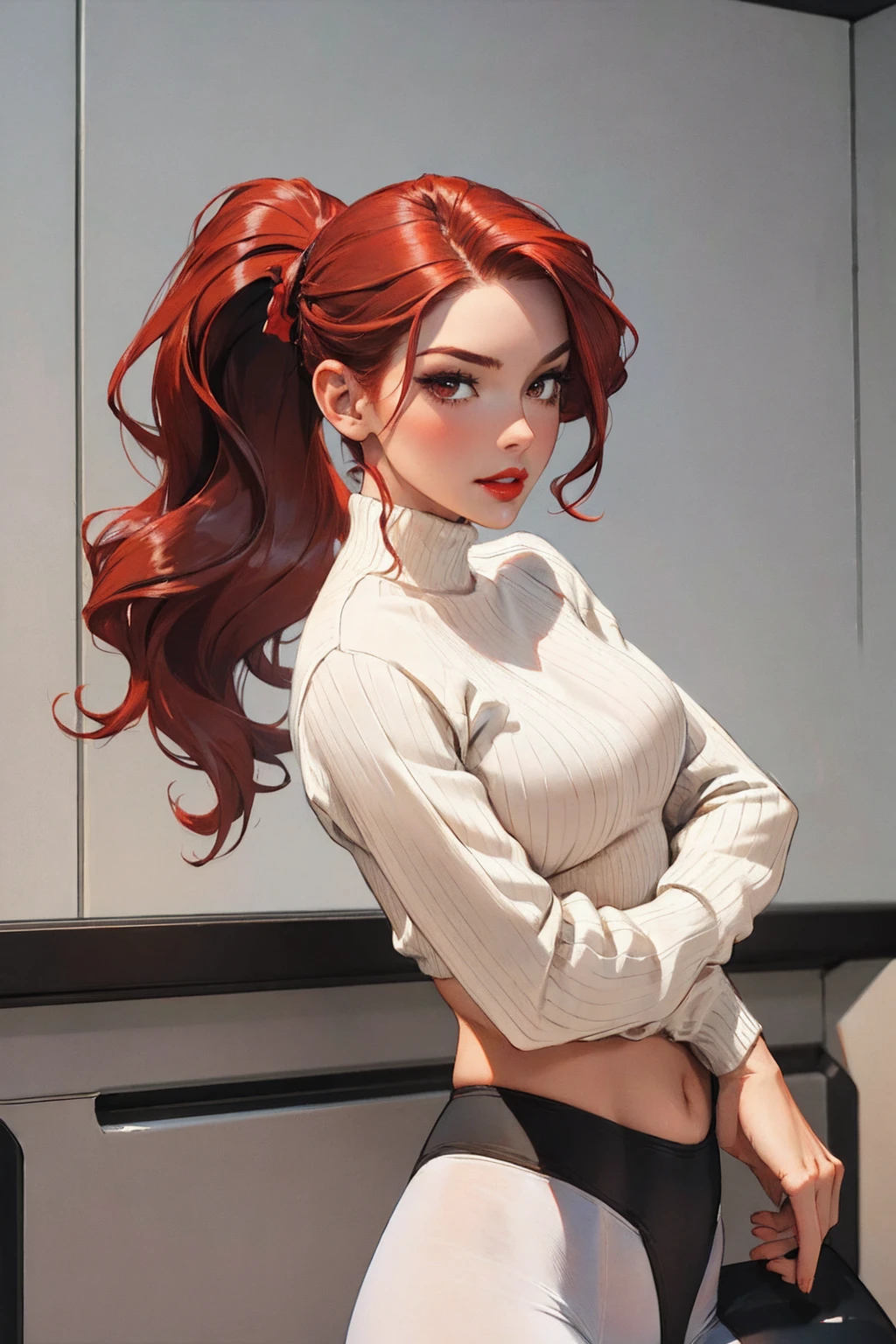 1girl,a beautiful fashion model ,(masterpiece, detailed background, best quality),shiny hair, red hair,smirk,juicy lips,red lips, athletic body, art style of j scott campbell, , stripping, elegant makeup, exhibitionism, tight white sweater and black leggings, ponytail,