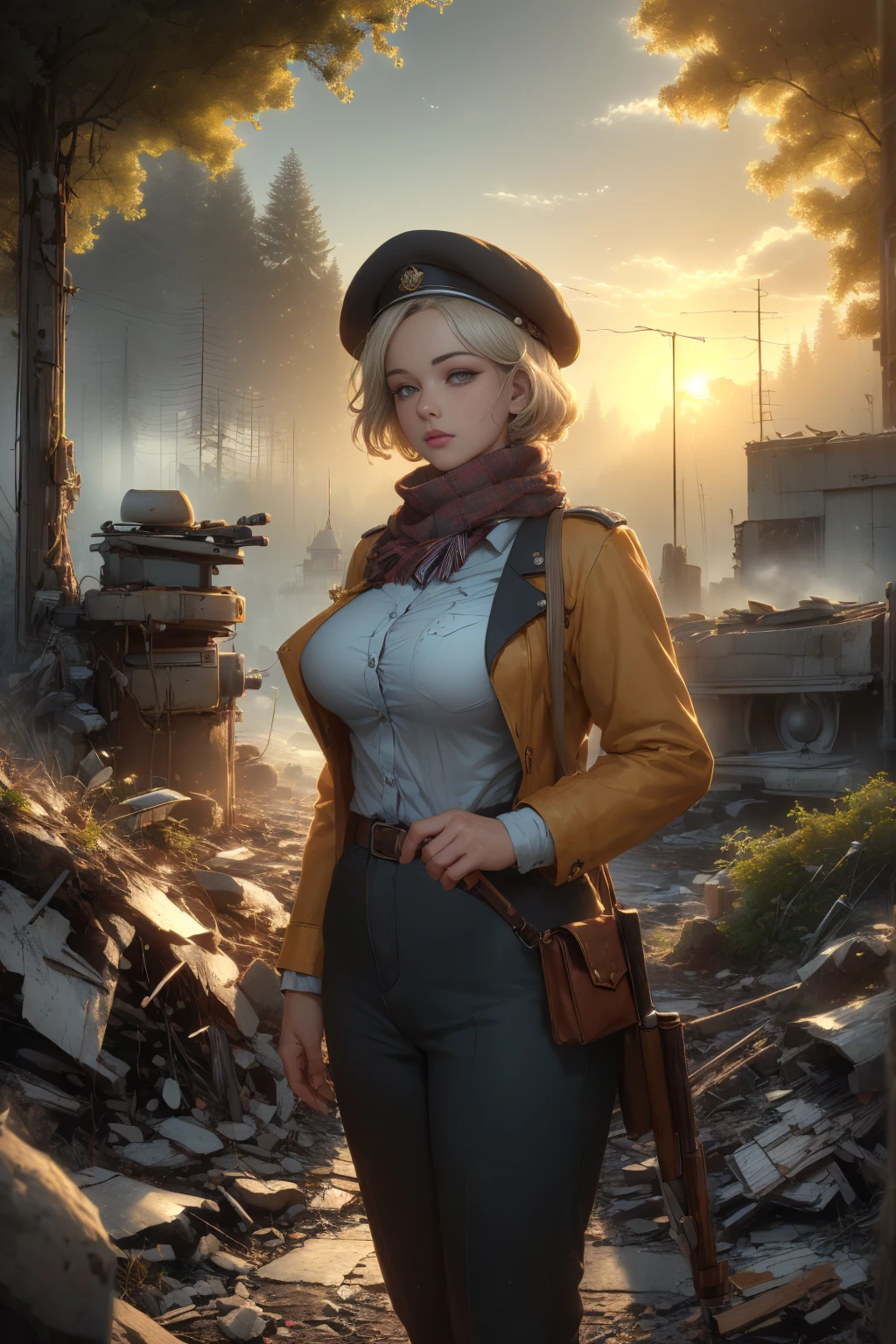 ((masterpiece, highest quality, Highest image quality, High resolution, photorealistic, Raw photo, Extremely detailed CG unified 8k wallpaper)), (huge stunning goddess shot, very hot and sexy, jaw-dropping beauty, perfect proportions, gigantic breasts), (a lot of freckles on face), (a sexy young woman dressed as a militia, a resistance outfit, an old, thin shirt), (Various stickers and marks on the uniform), (revealing_clothes), (a beret, Scarf), (Skin is shiny with sweat, dirt and stains on the face), (holding an old-fashioned rifle in her's hand), (a calm expression with a slight smile), (a World War II-era European country village), Marilyn Monroe