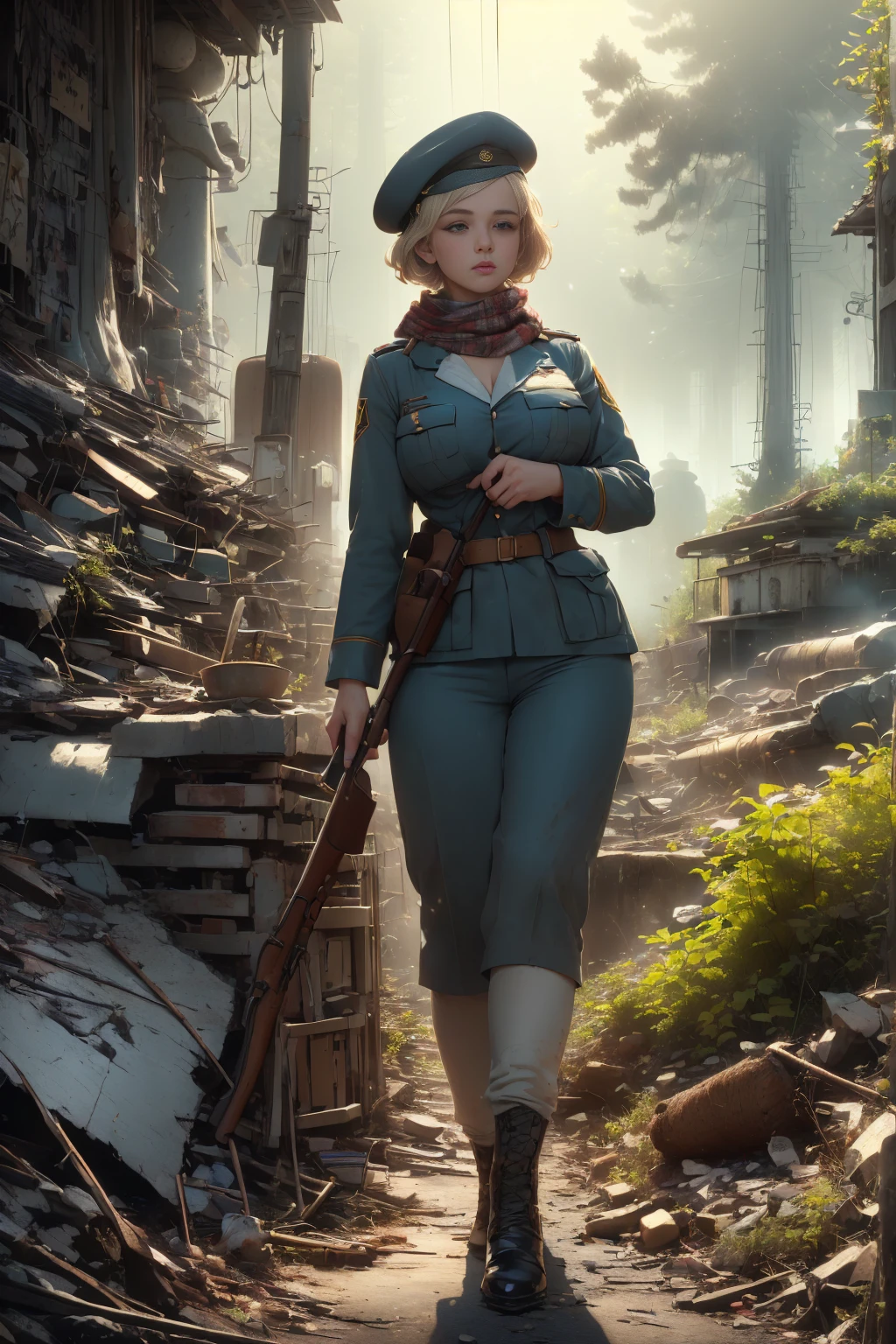 ((masterpiece, highest quality, Highest image quality, High resolution, photorealistic, Raw photo, Extremely detailed CG unified 8k wallpaper)), (huge stunning goddess shot, very hot and sexy, jaw-dropping beauty, perfect proportions, gigantic breasts), (a lot of freckles on face), (a sexy young woman dressed as a militia, a resistance outfit, an old, thin shirt), (Various stickers and marks on the uniform), (revealing_clothes), (a beret, Scarf), (Skin is shiny with sweat, dirt and stains on the face), (holding an old-fashioned rifle in her's hand), (a calm expression with a slight smile), (a World War II-era European country village), Marilyn Monroe