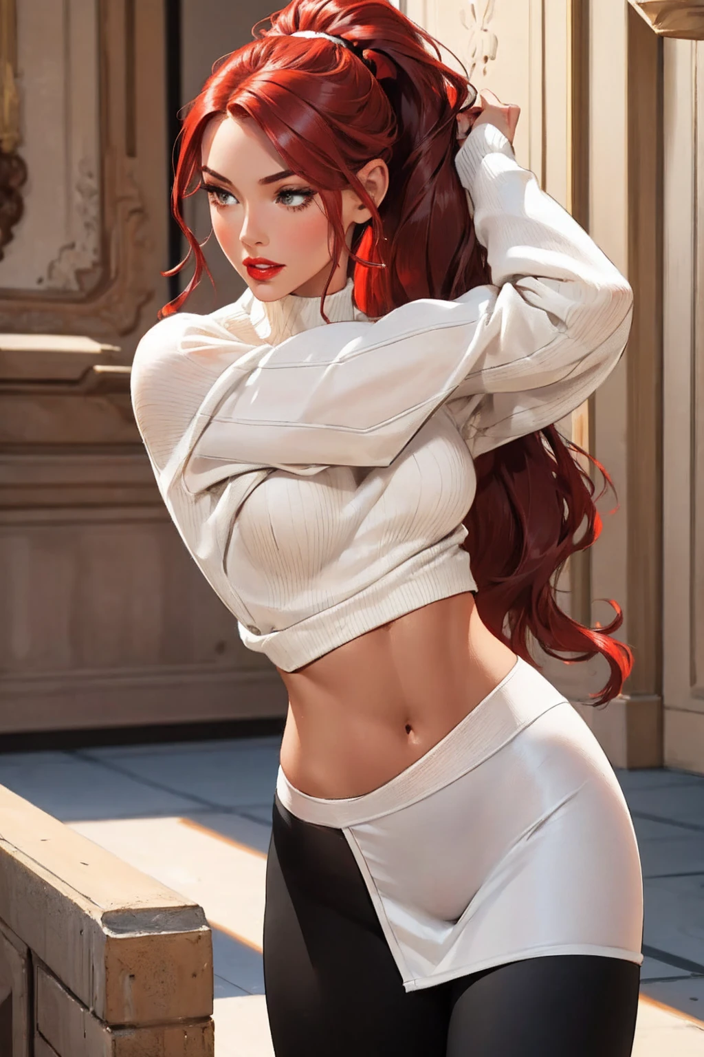 1girl,a beautiful fashion model ,(masterpiece, detailed background, best quality),shiny hair, red hair,smirk,juicy lips,red lips, athletic body, art style of j scott campbell, , stripping, elegant makeup, exhibitionism, tight white sweater and black leggings, ponytail, ((athletic body))