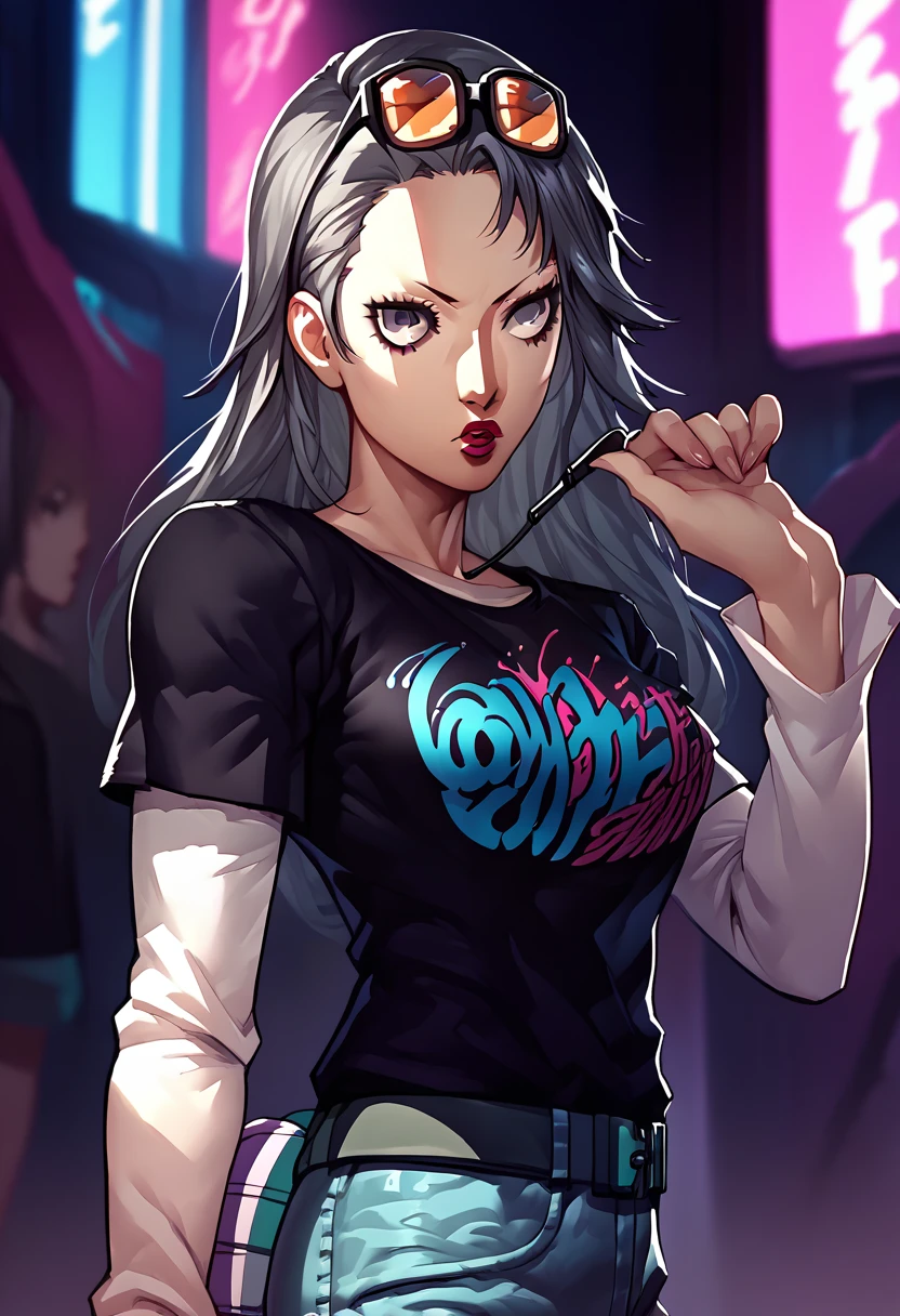 1girl, sunglasses on head, lipstick, black t-shirt, clothes writing, layered sleeves, large breasts, jeans, Sae Niijima, grey hair, grey eyes