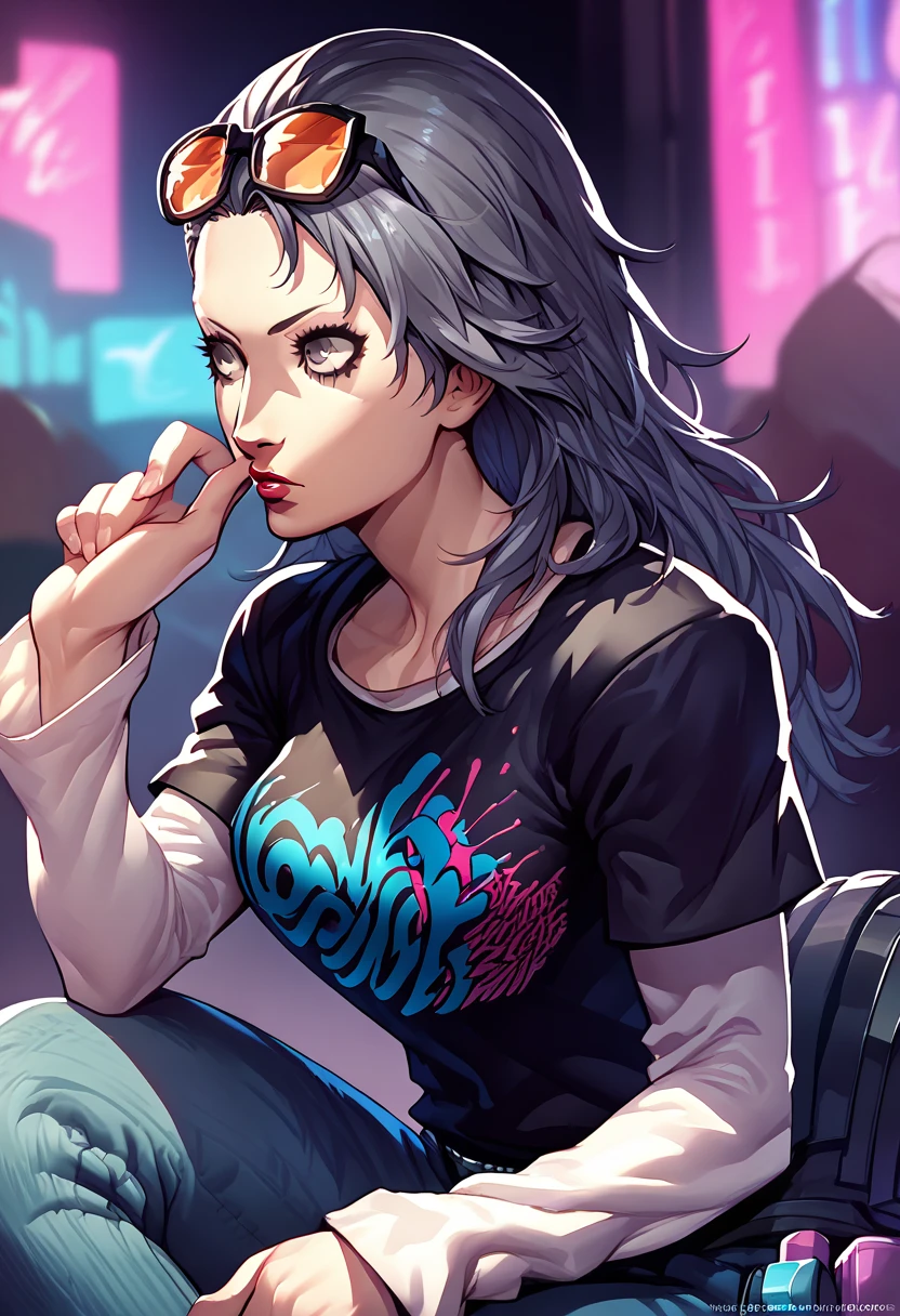 1girl, sunglasses on head, lipstick, black t-shirt, clothes writing, layered sleeves, large breasts, jeans, Sae Niijima, grey hair, grey eyes