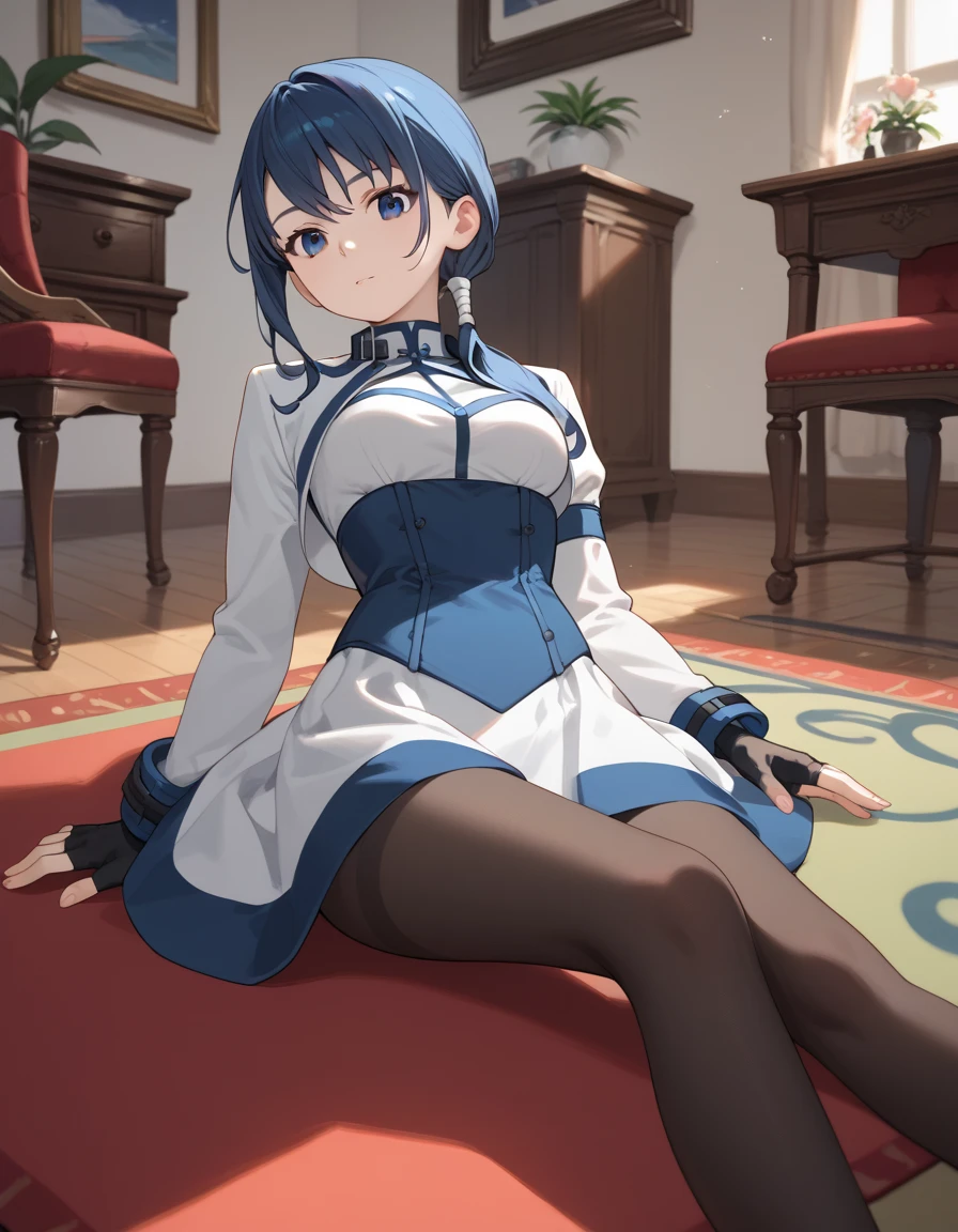 score_9, score_8_up, score_7_up, score_6_up, score_5_up, score_4_up, source_anime, aamerry, long hair, low ponytail, blue hair, blue eyes, white dress, long sleeves, fingerless gloves, black gloves, underbust, black pantyhose, on floor, indoors, :o, carpet,