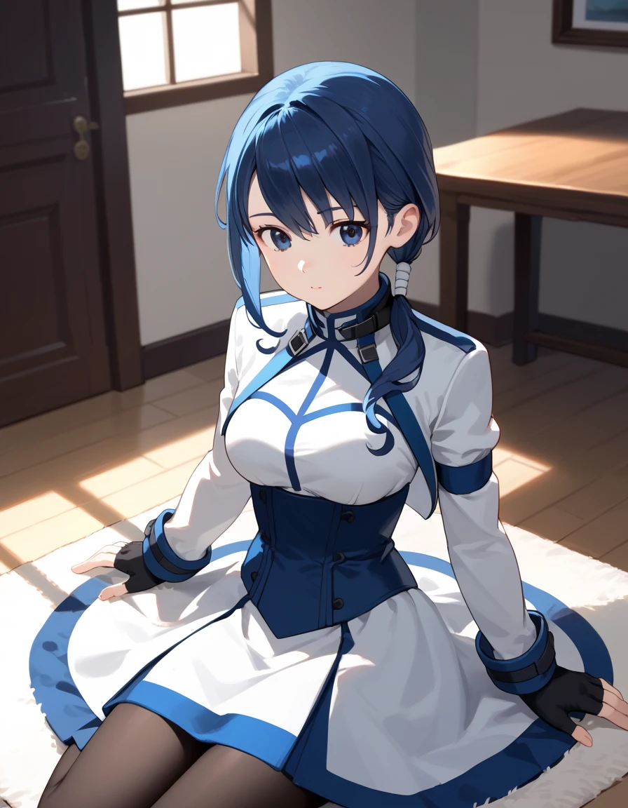 score_9, score_8_up, score_7_up, score_6_up, score_5_up, score_4_up, source_anime, aamerry, long hair, low ponytail, blue hair, blue eyes, white dress, long sleeves, fingerless gloves, black gloves, underbust, black pantyhose, on floor, indoors, :o, carpet,