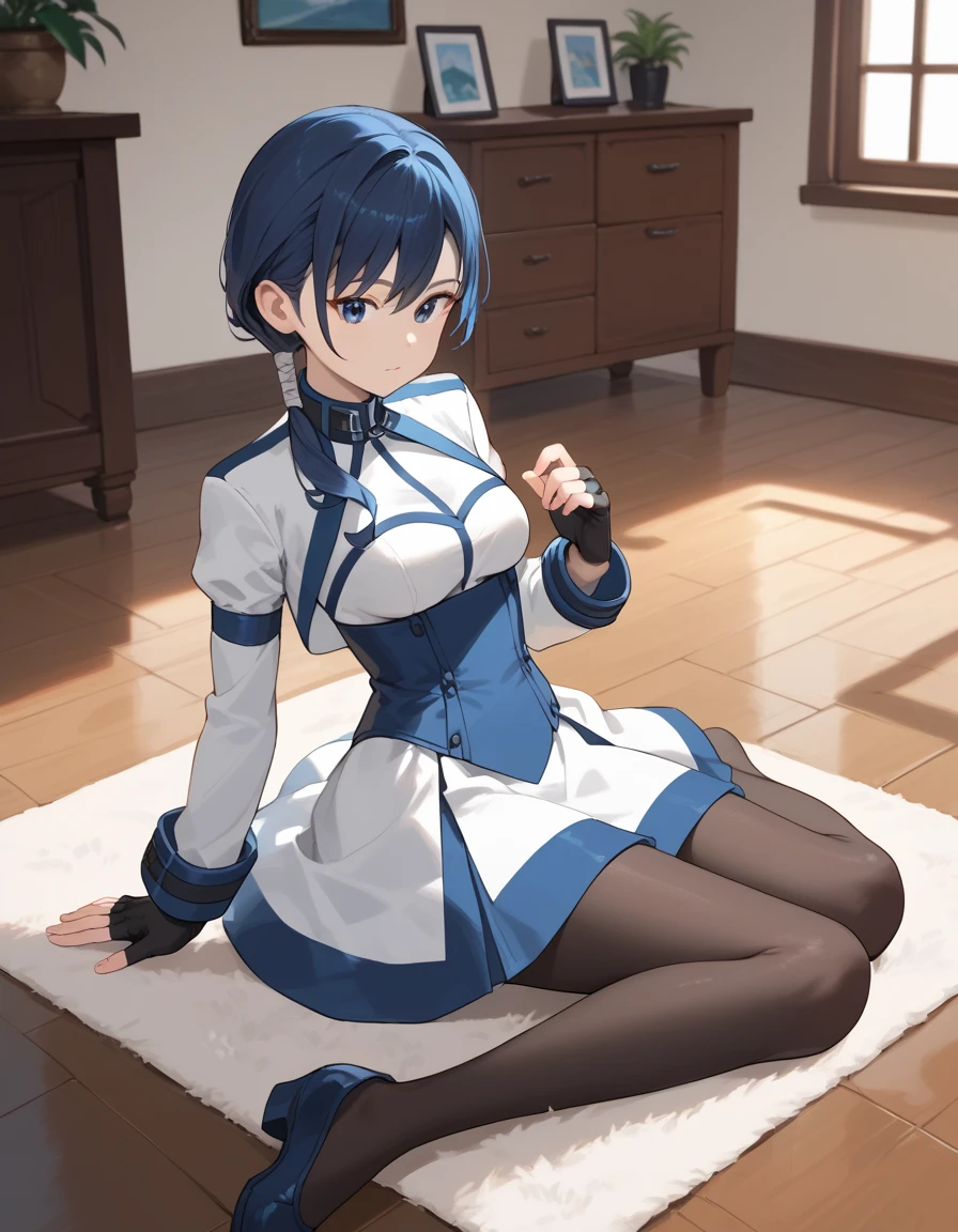 score_9, score_8_up, score_7_up, score_6_up, score_5_up, score_4_up, source_anime, aamerry, long hair, low ponytail, blue hair, blue eyes, white dress, long sleeves, fingerless gloves, black gloves, underbust, black pantyhose, on floor, indoors, :o, carpet,