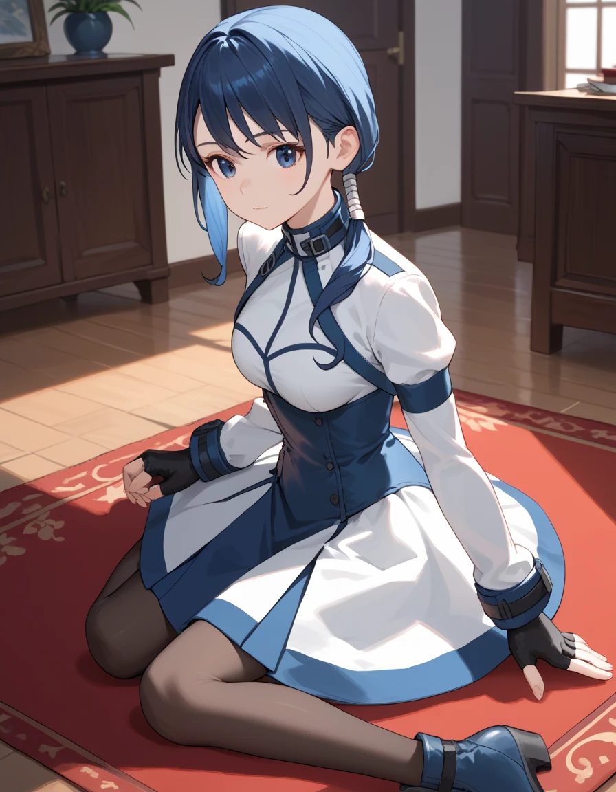 score_9, score_8_up, score_7_up, score_6_up, score_5_up, score_4_up, source_anime, aamerry, long hair, low ponytail, blue hair, blue eyes, white dress, long sleeves, fingerless gloves, black gloves, underbust, black pantyhose, on floor, indoors, :o, carpet,