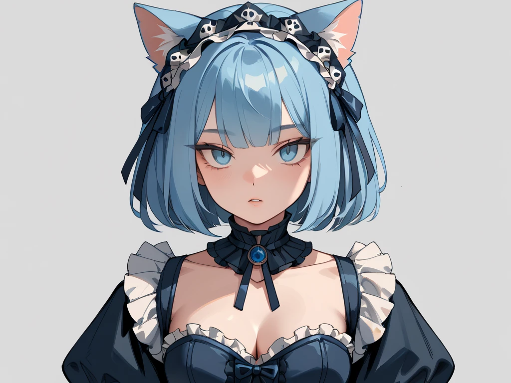  1 girl 、solo、 high definition 、 anatomically correct、whole body、chest、((Cat ears、 blue hair/ light blue hair、 medium hair、 princess cut ))、 Light Light Blue Eyes 、Slanted Eyes、 Lolita Style Headdress, gothic lolita style dress,  character design drawing,