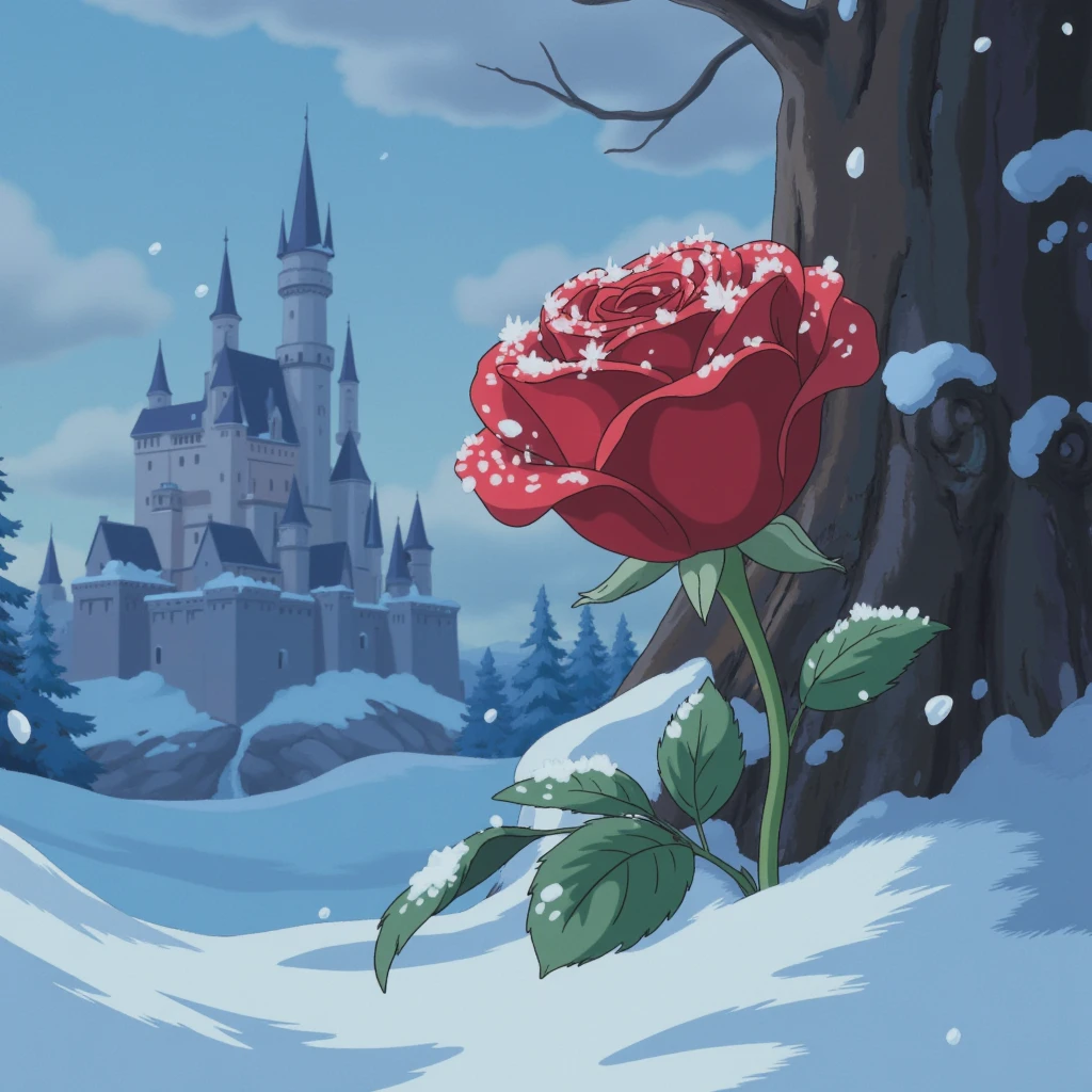 Rose of the beautiful and the beast of disney at a angle semi far to the left in winter