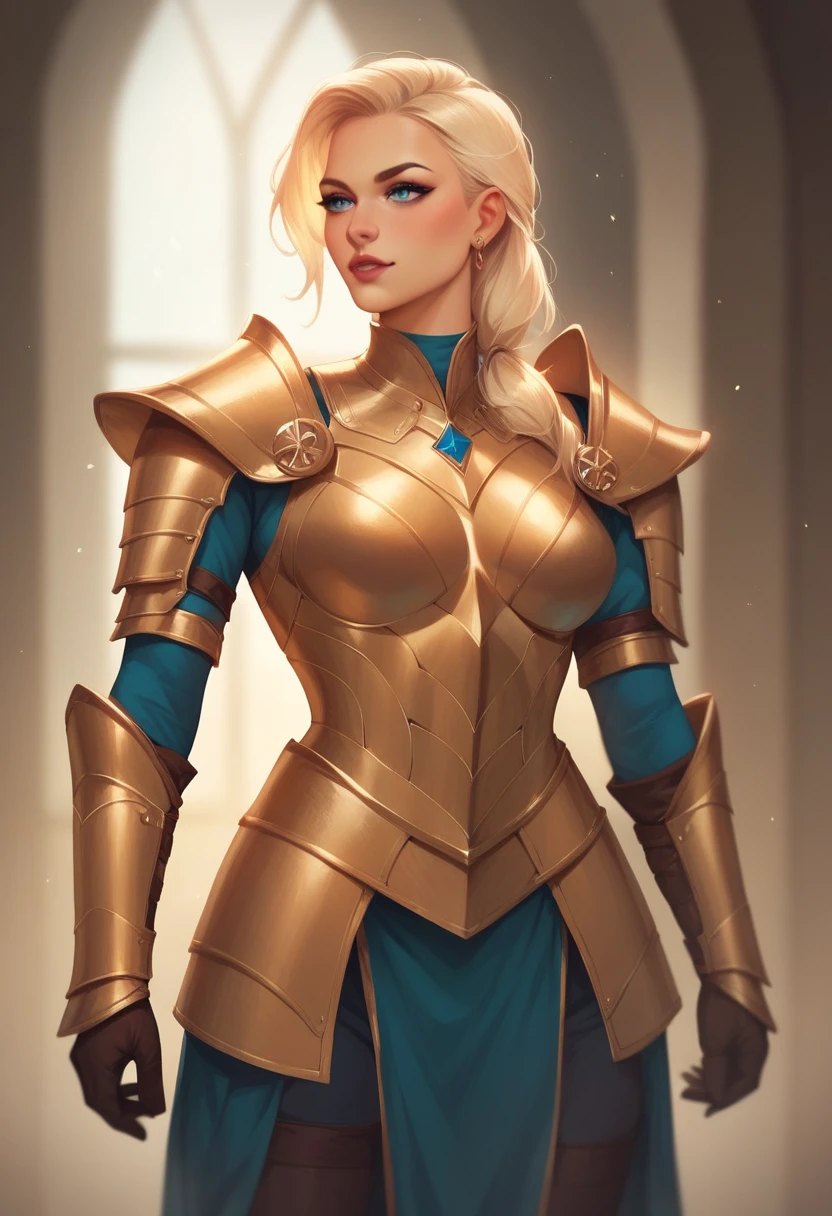 Blonde beauty in full armor, The whole woman is pictured, The woman is seen standing in the picture