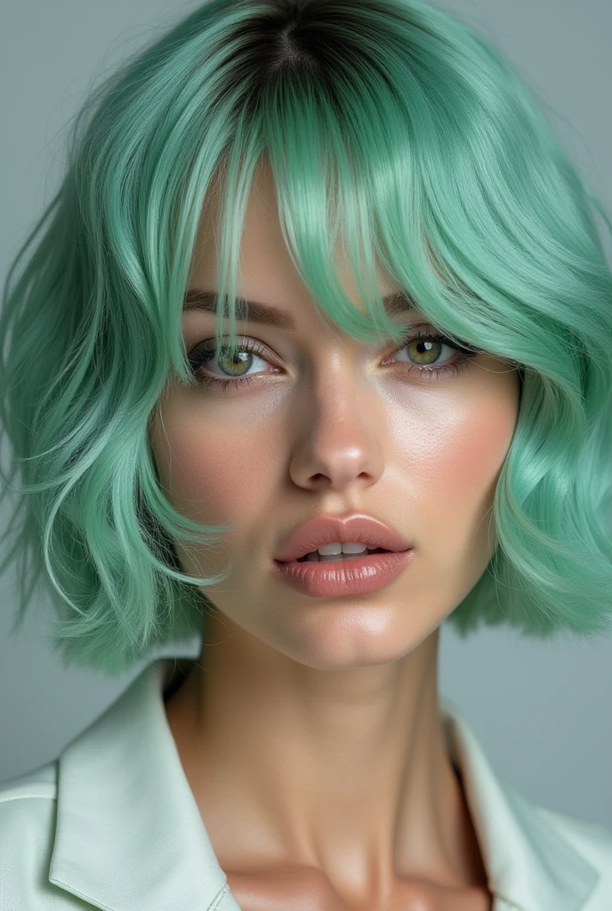 bobcut, mint hair, pov, color: white/green, face retouch, skin-chrome, detailed, cyber-augmented, artistic, scientist, hypnotist, sexy, full body, hypnotist, model, athletic trainer,