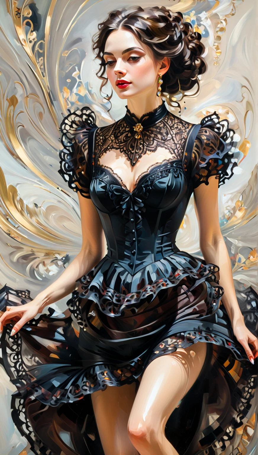 tempera, victorian style, bright passionate brunette, black lace, close-up, movement, dynamics, josef kote style